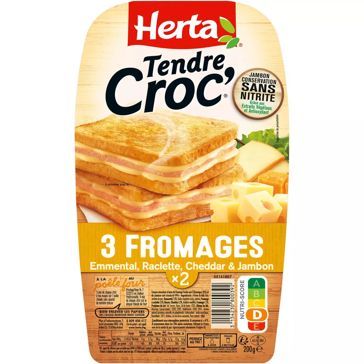 HERTA Tendre Croc' 3 fromages et jambon sans nitrite 2 pièces 200g