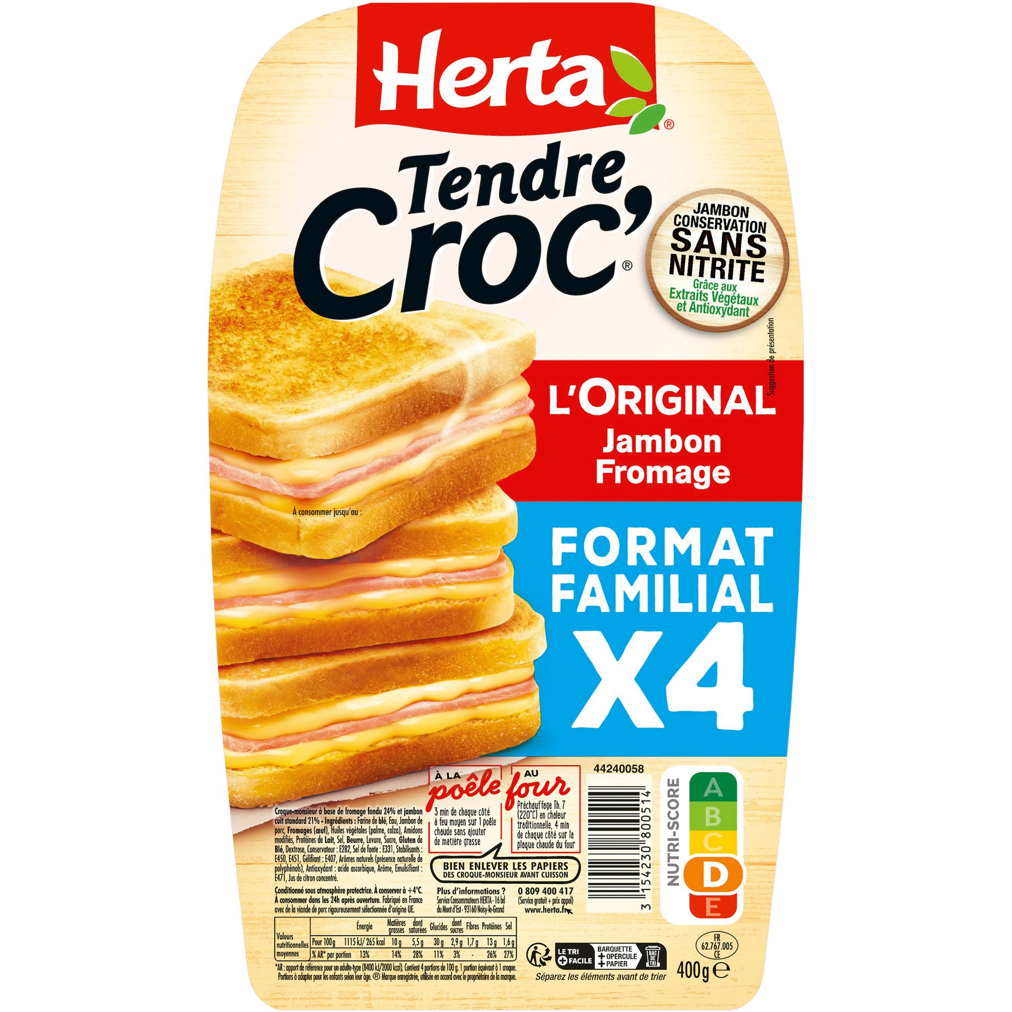 Voir la diapositive 2 : HERTA Tendre Croc' l'original jambon et fromage sans nitrite 4 pièces 400g