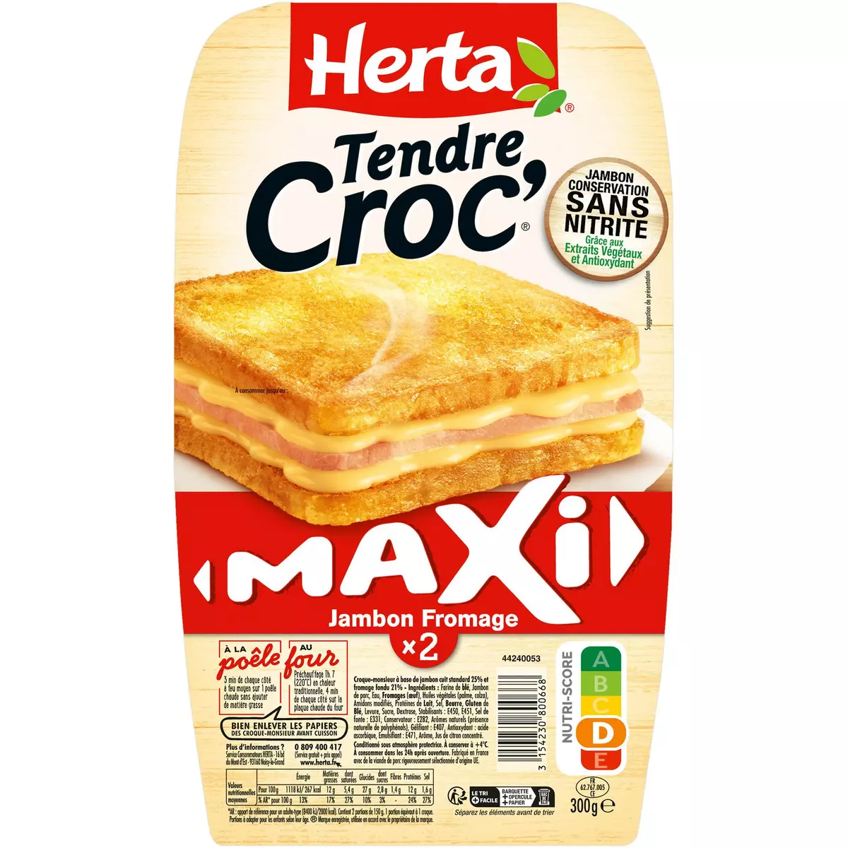 HERTA Tendre Croc' maxi jambon et fromage sans nitrite 2 pièces 300g