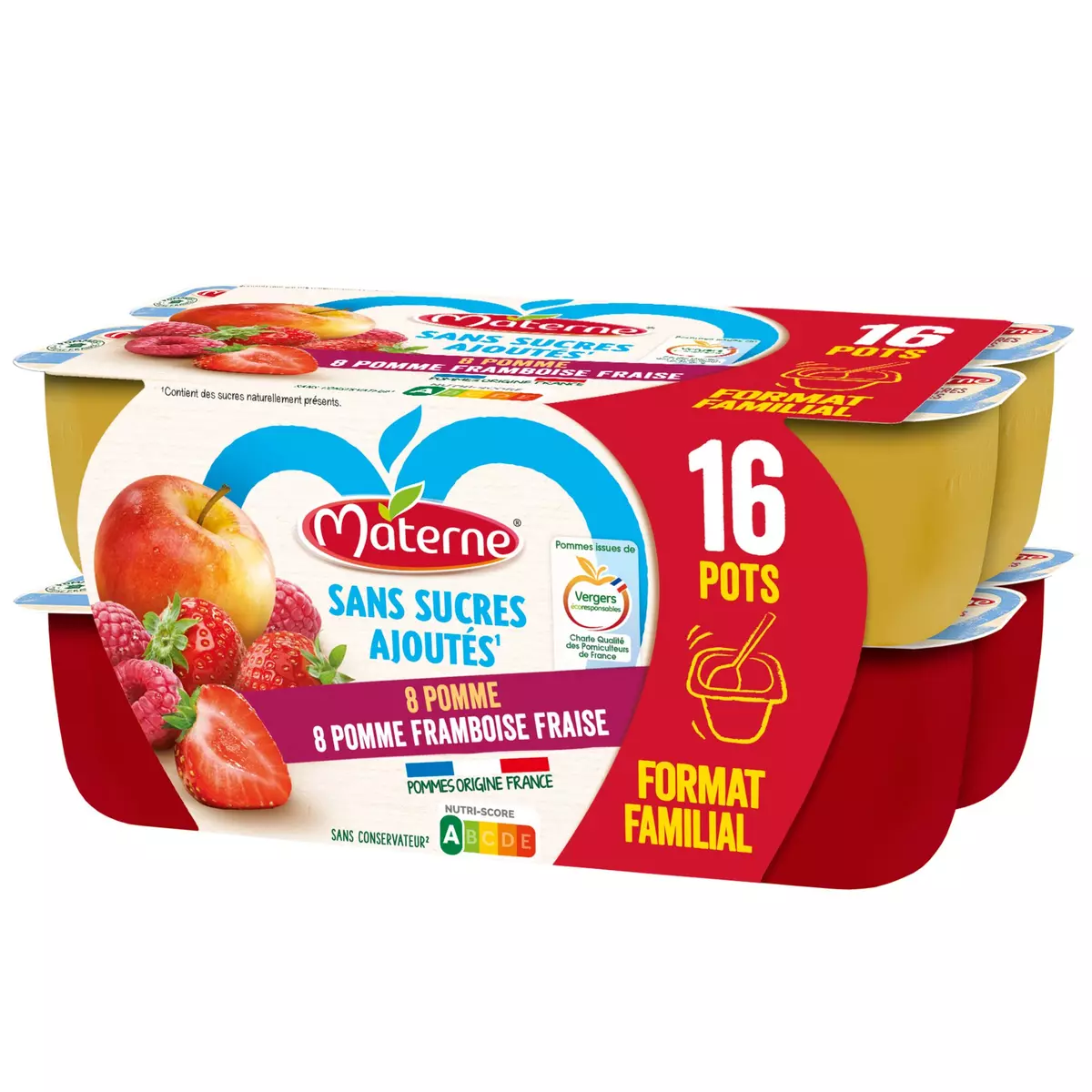 MATERNE Coupelles pomme framboise fraise sans sucres ajoutés 16x100g