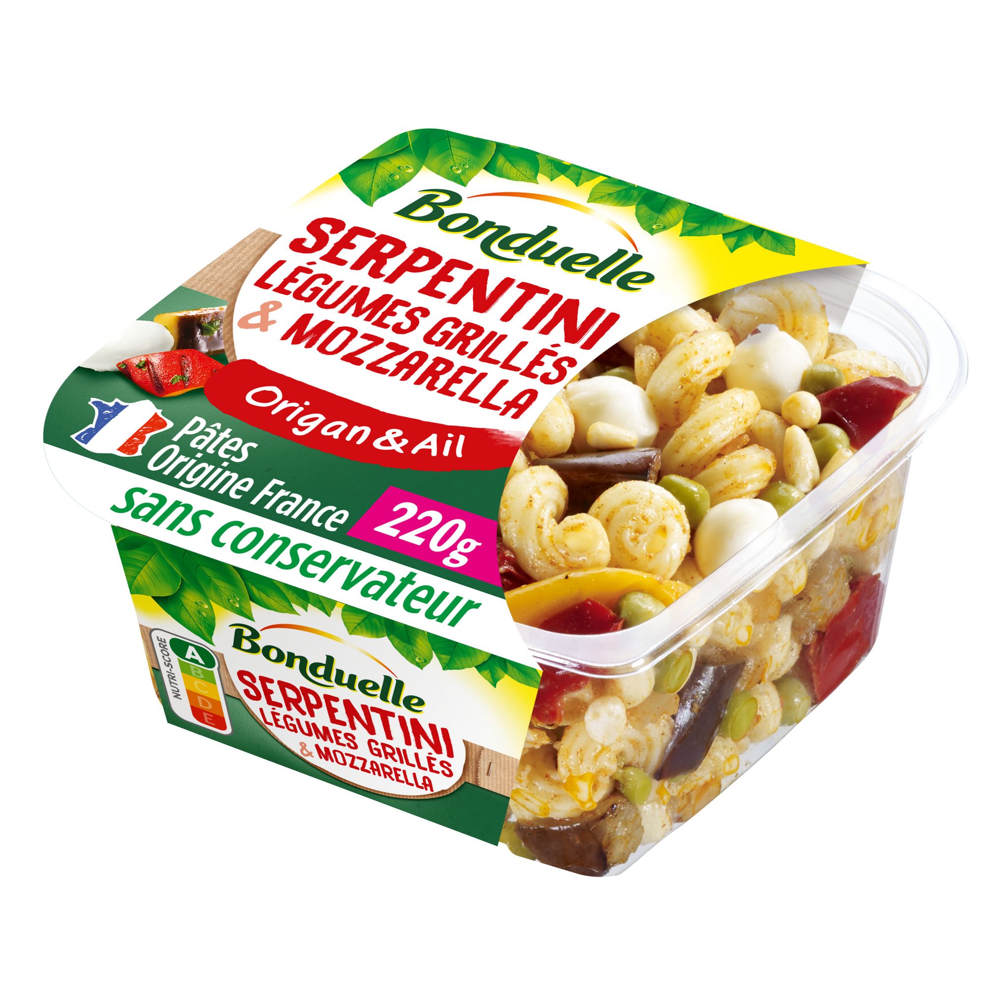 BONDUELLE Serpentini légumes grillés et mozzarella origan ail 220g pas ...