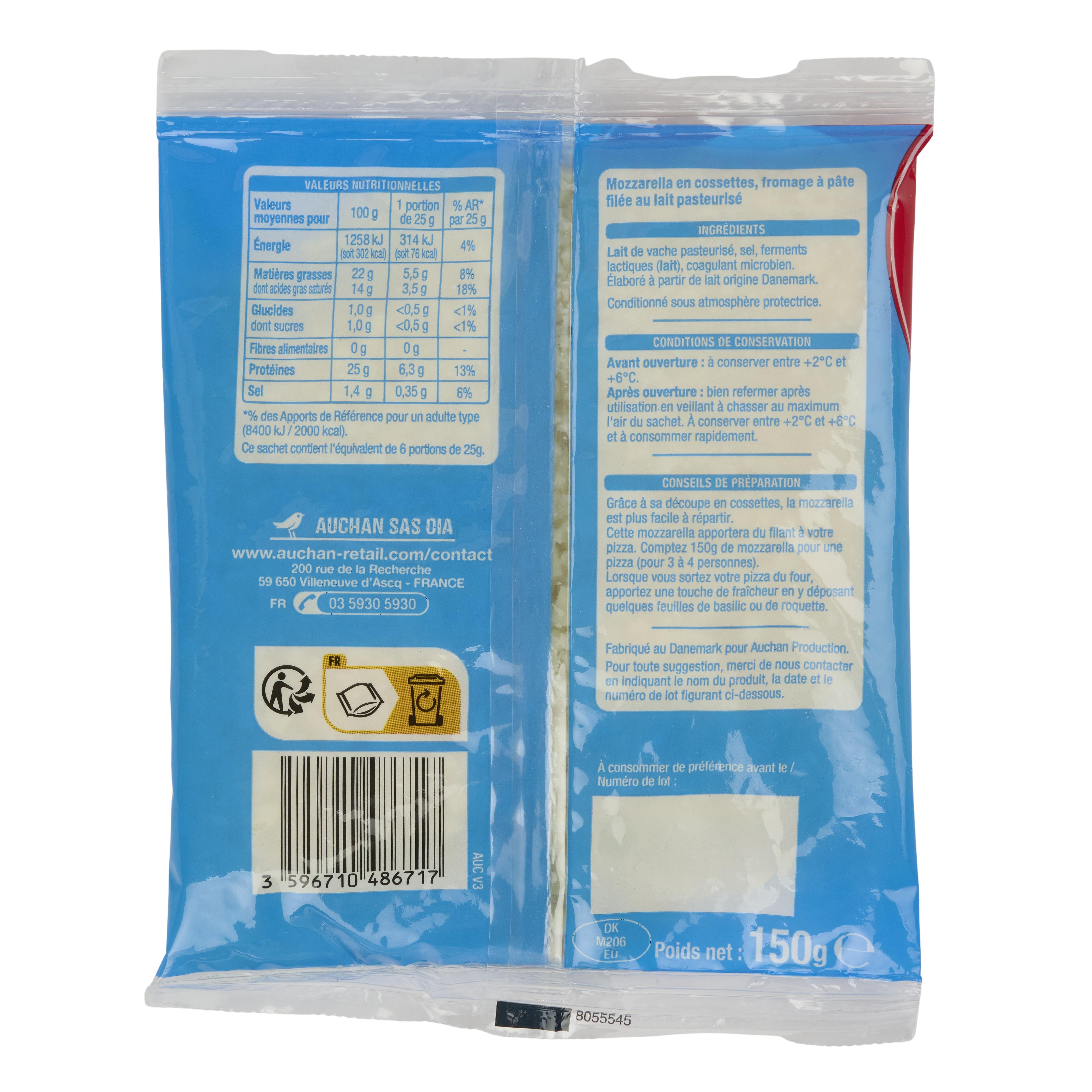 Voir la diapositive 3 : AUCHAN Mozzarella en cossettes 150g