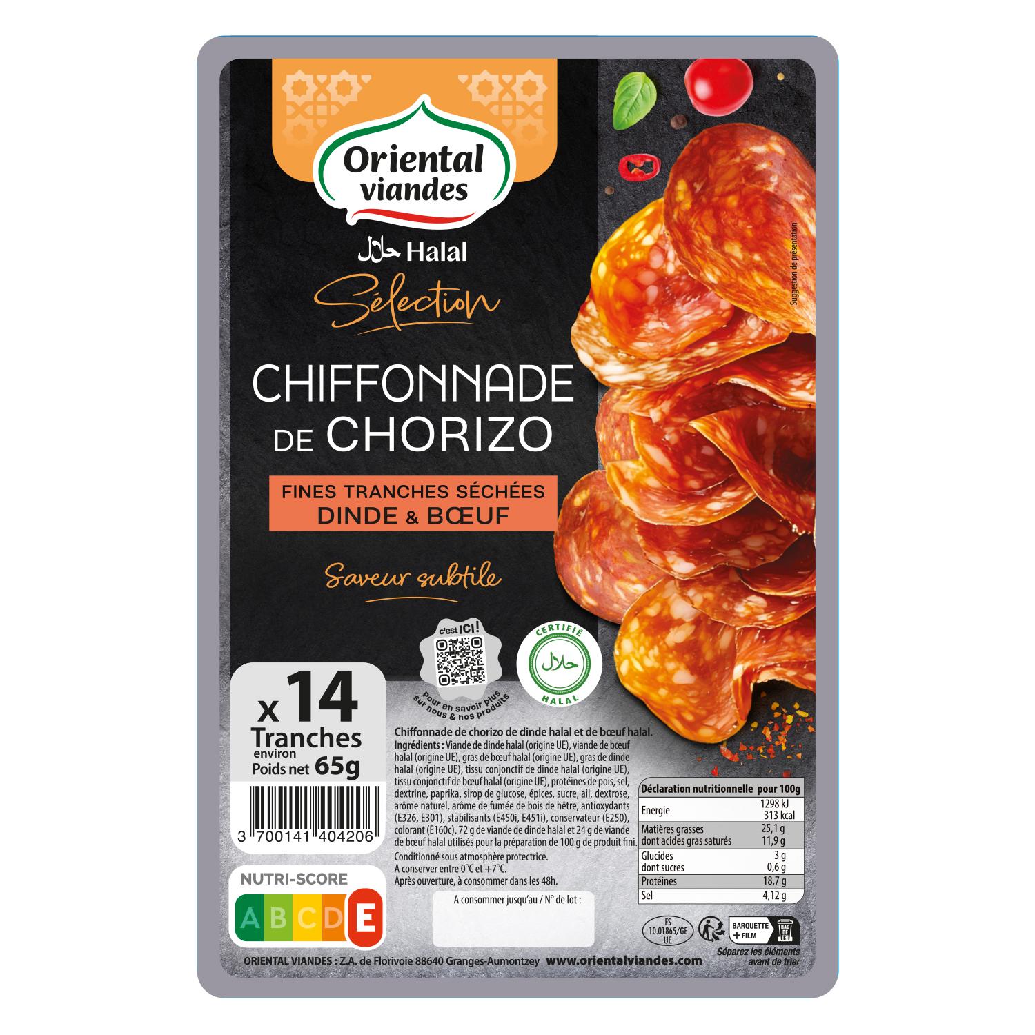 ORIENTAL VIANDES Chiffonnade de chorizo de dinde et boeuf halal Env 14 tranches 65g