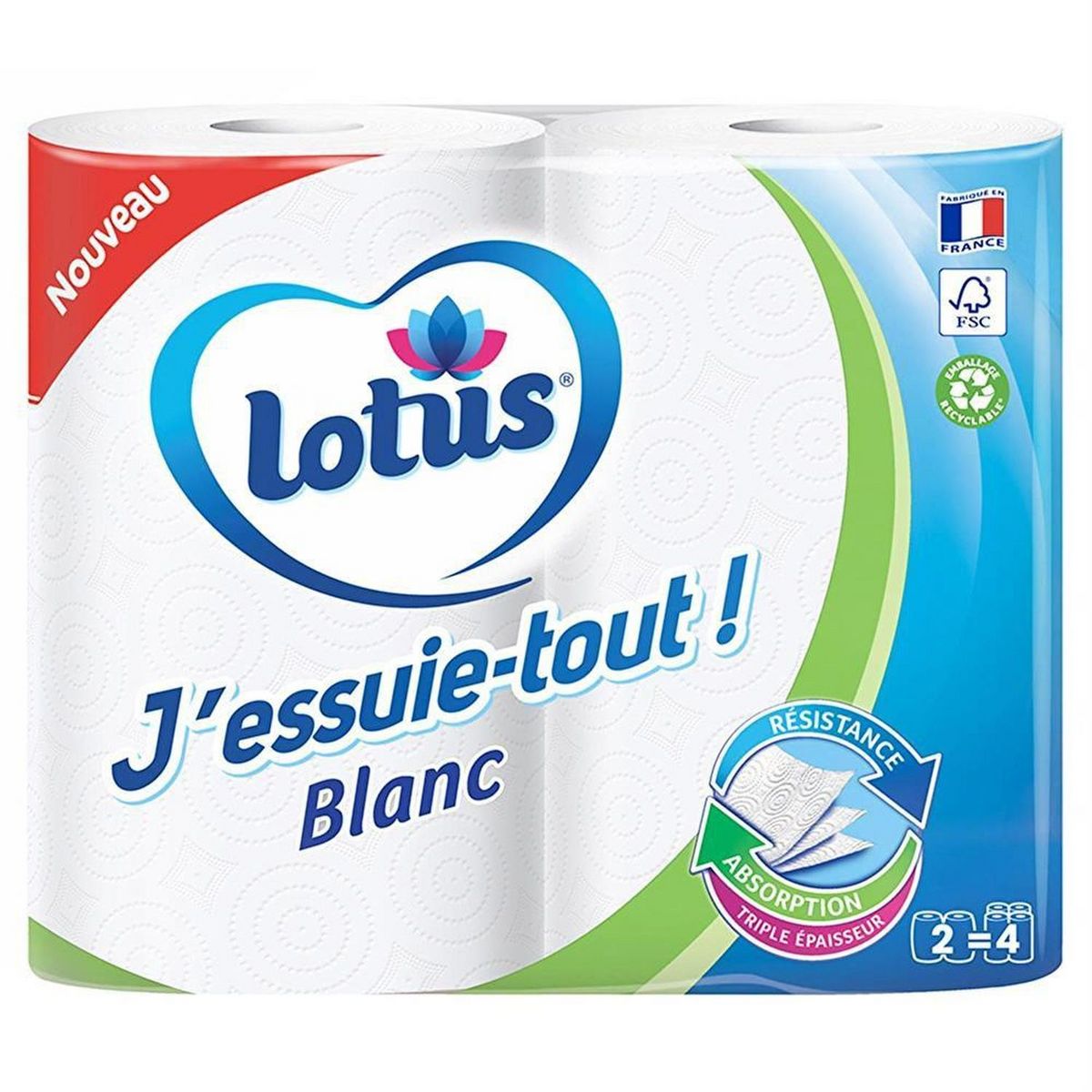 LOTUS Essuie-tout blanc résistant triple épaisseur 2 rouleaux