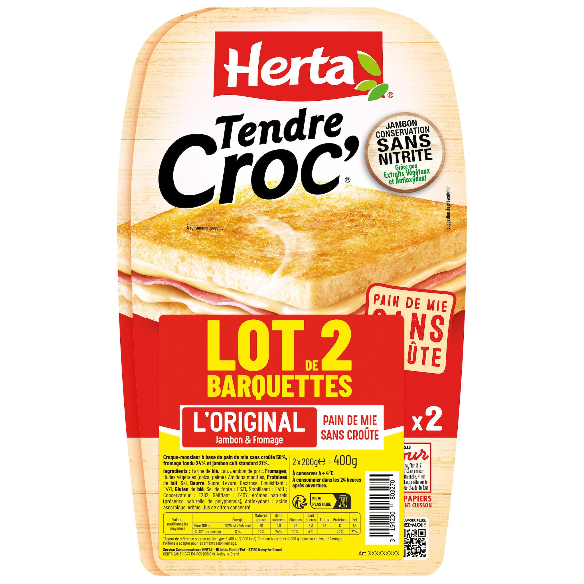 HERTA Tendre Croc' jambon fromage sans croûte 2x200g