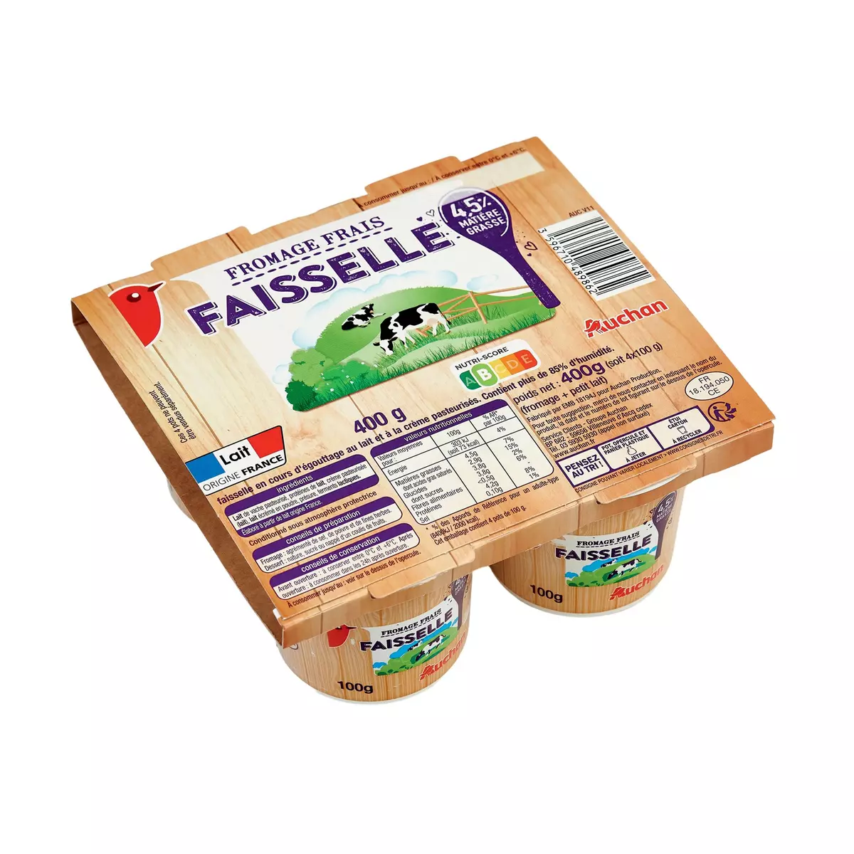 AUCHAN Fromage frais Faisselle 4.5%MG 4x100g