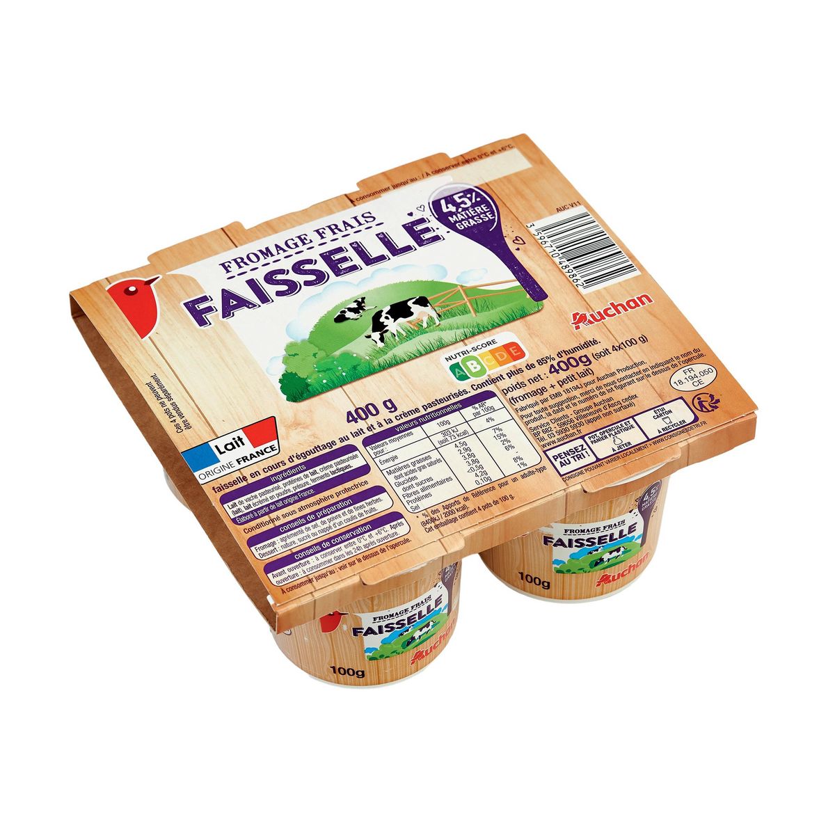 AUCHAN Fromage frais Faisselle 4.5%MG 4x100g