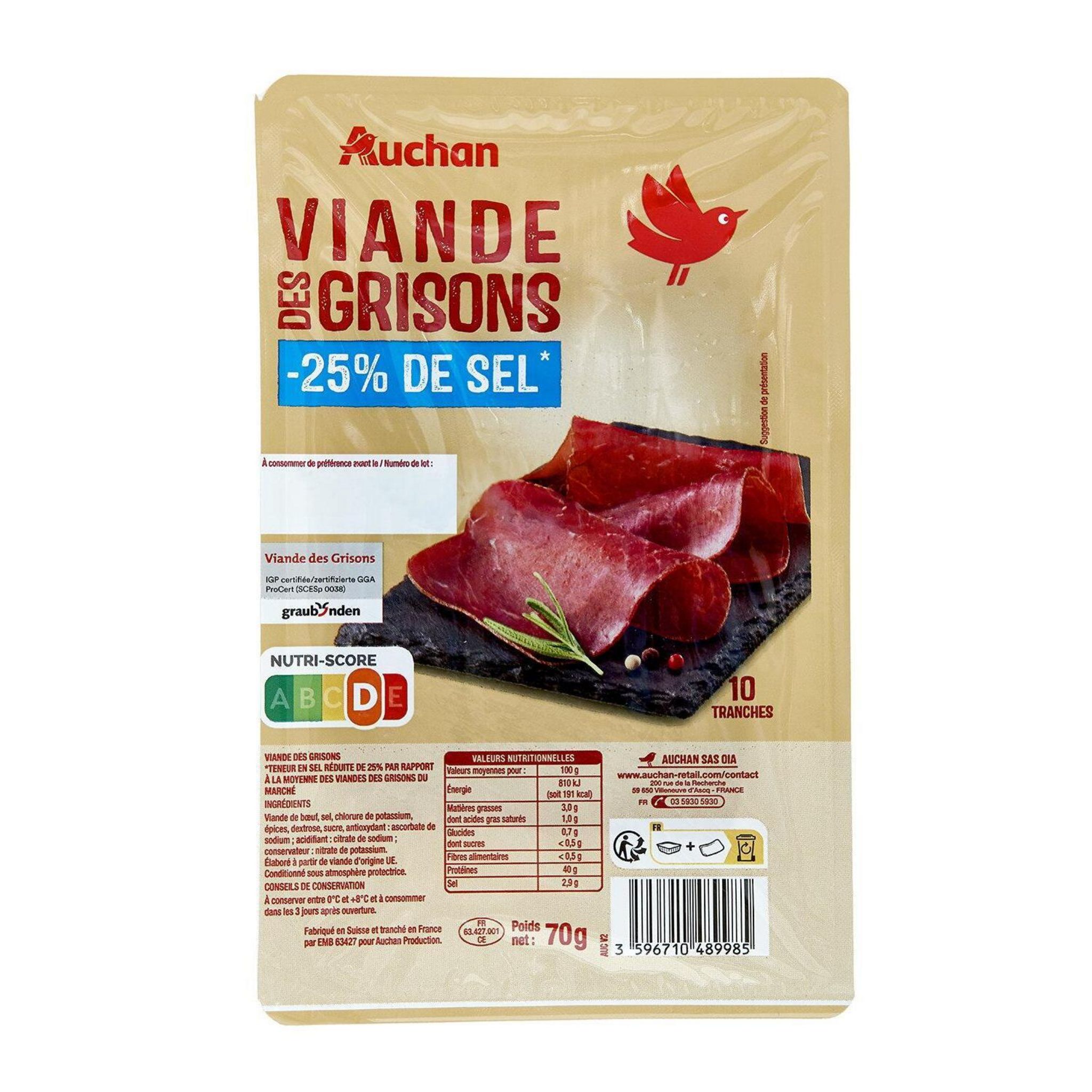 Voir la diapositive 2 : AUCHAN Viande des grisons réduit en sel 10 tranches 70g