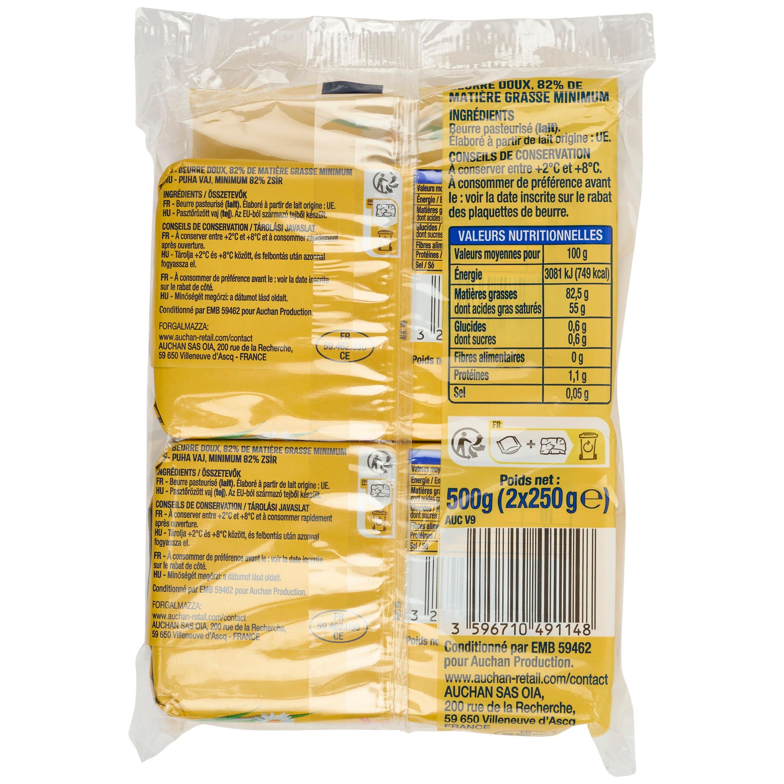 Voir la diapositive 3 : AUCHAN Beurre doux 82.5%MG 2x250g 500g