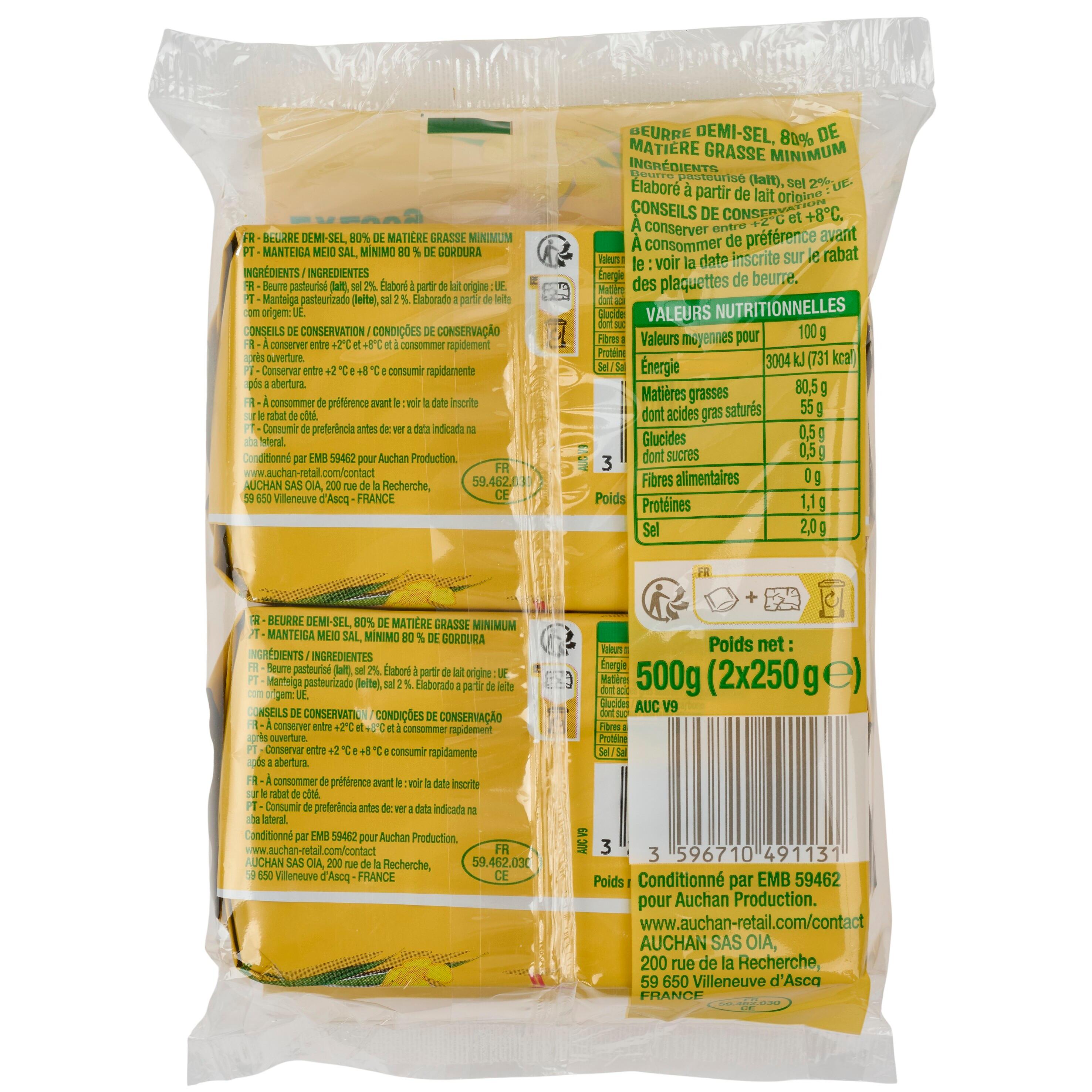 Voir la diapositive 3 : AUCHAN Beurre demi-sel 80.5%MG 2x250g 500g