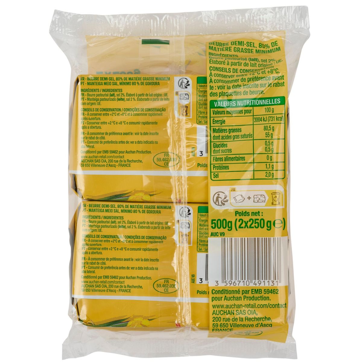 AUCHAN Beurre demi-sel 2x250g 500g