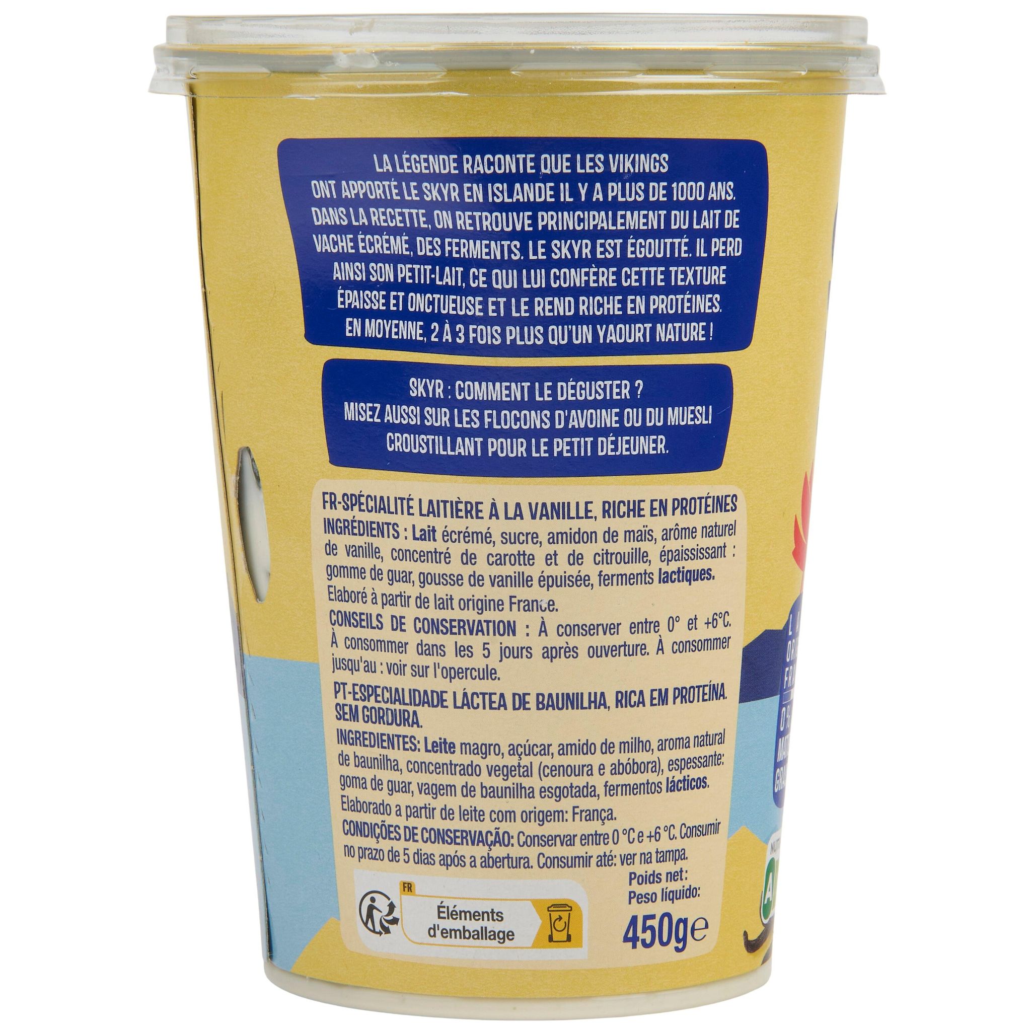 Voir la diapositive 2 : AUCHAN Skyr à la vanille 0% MG 450g