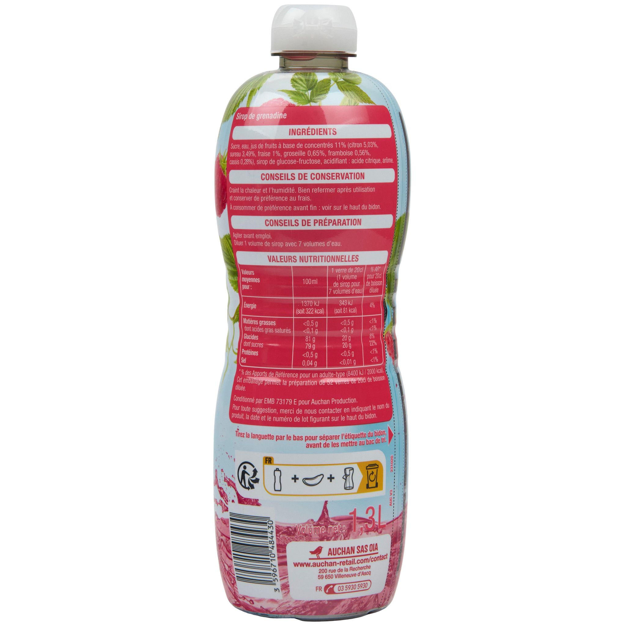 Voir la diapositive 3 : AUCHAN Sirop de grenadine 1,3l