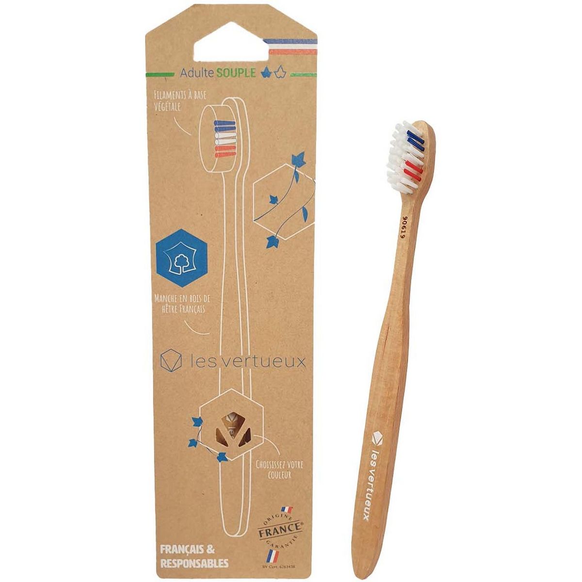 LES VERTUEUX Brosse à dents souple pour adulte en bois de hêtre français 1 brosse
