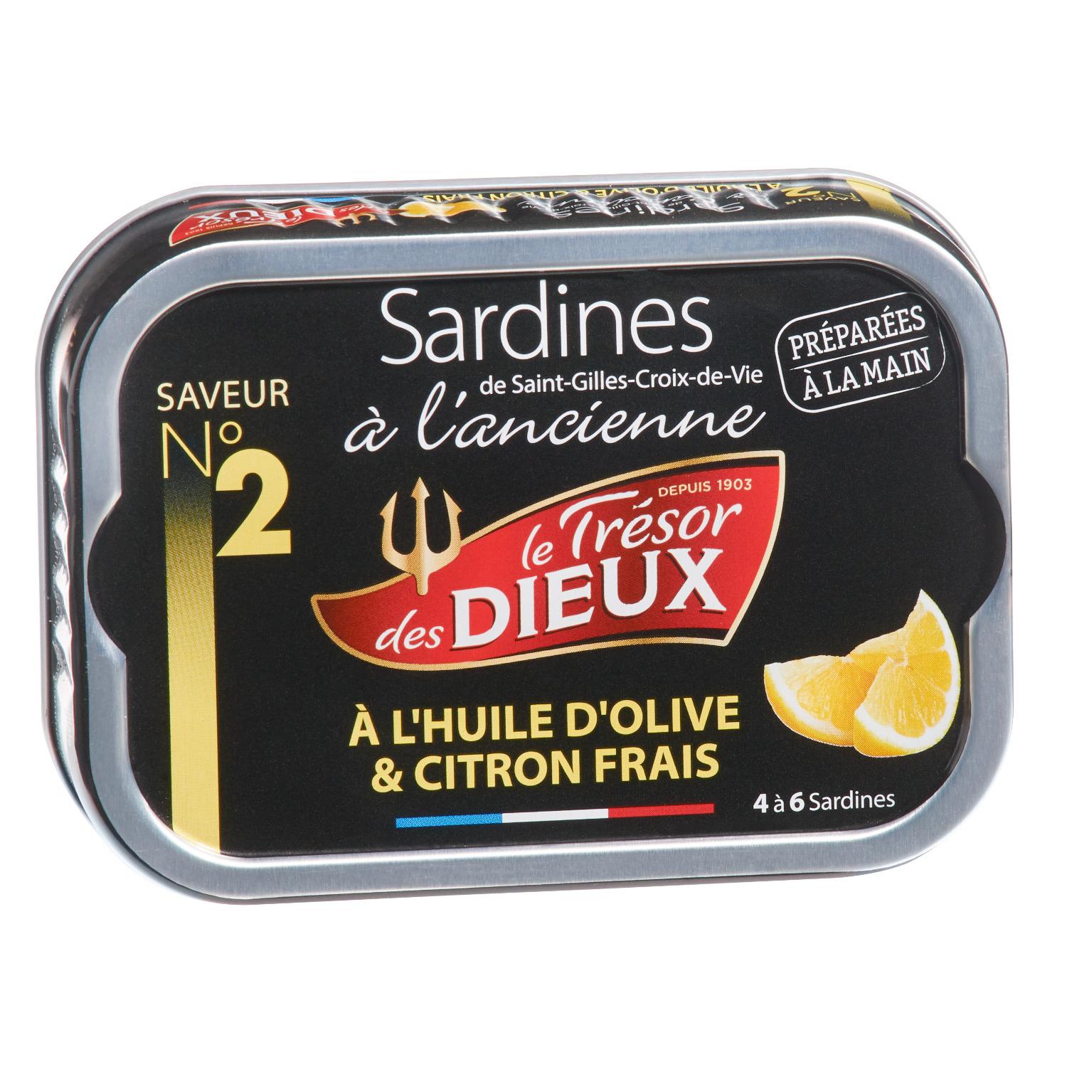 LE TRESOR DES DIEUX Sardines de Saint-Gilles-Croix-de-Vie à l'ancienne à l'huile d'olive et citron frais 4 à 6 sardines 115g