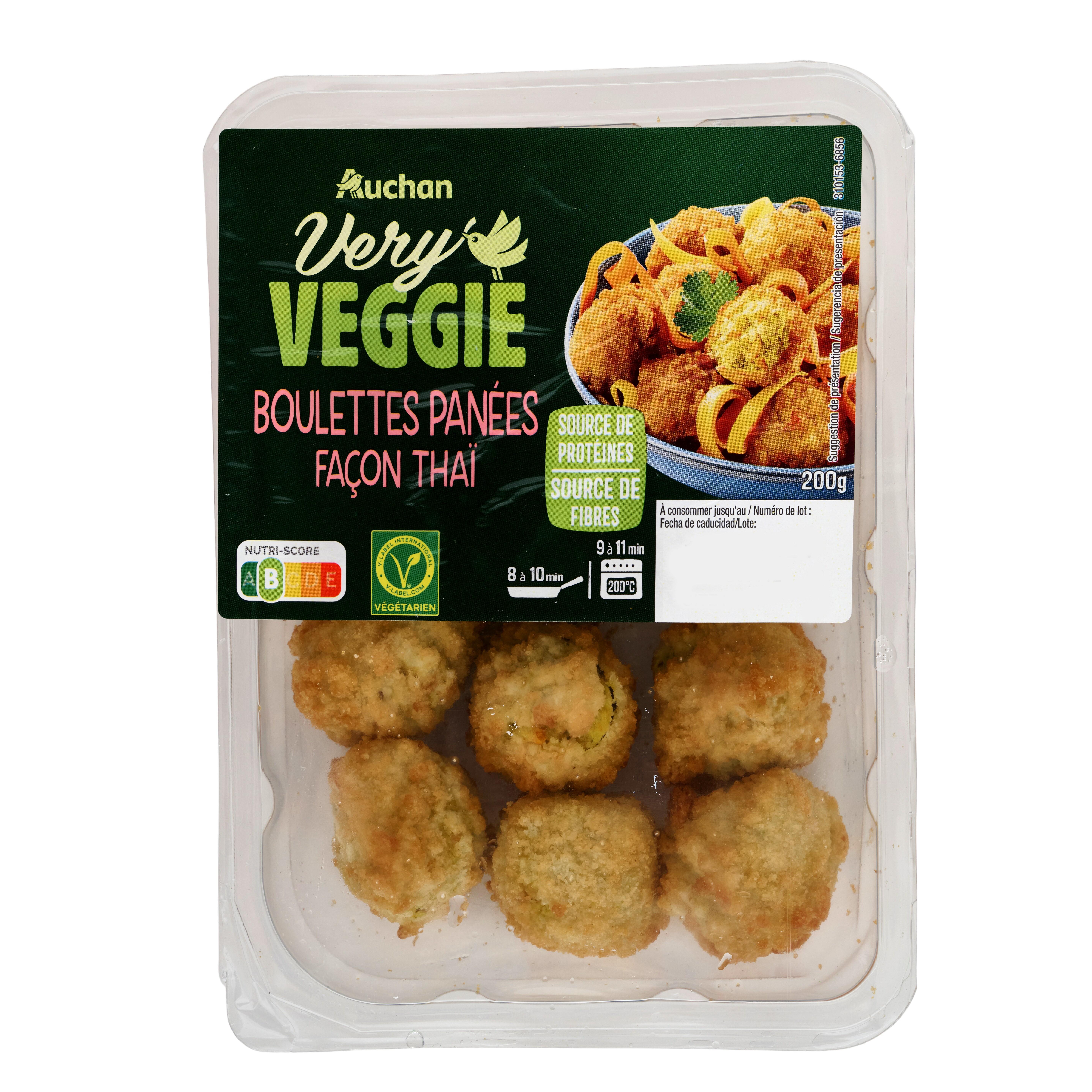 Voir la diapositive 2 : AUCHAN VERY VEGGIE Boulettes végétariennes panées façon thaï 2 parts 200g