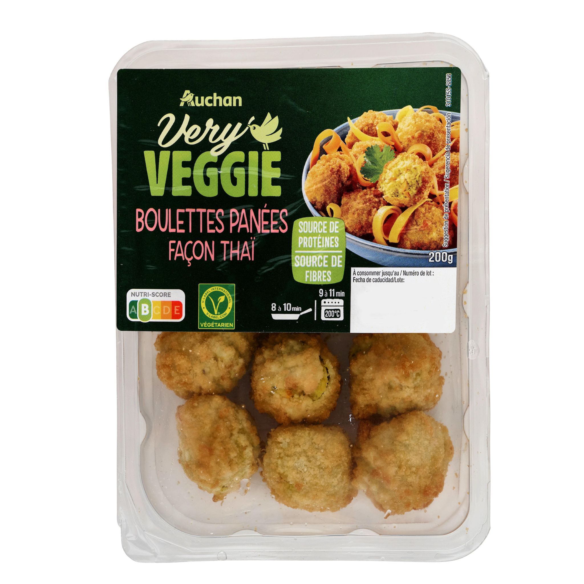 Voir la diapositive 2 : AUCHAN VERY VEGGIE Boulettes végétariennes panées façon thaï 2 parts 200g
