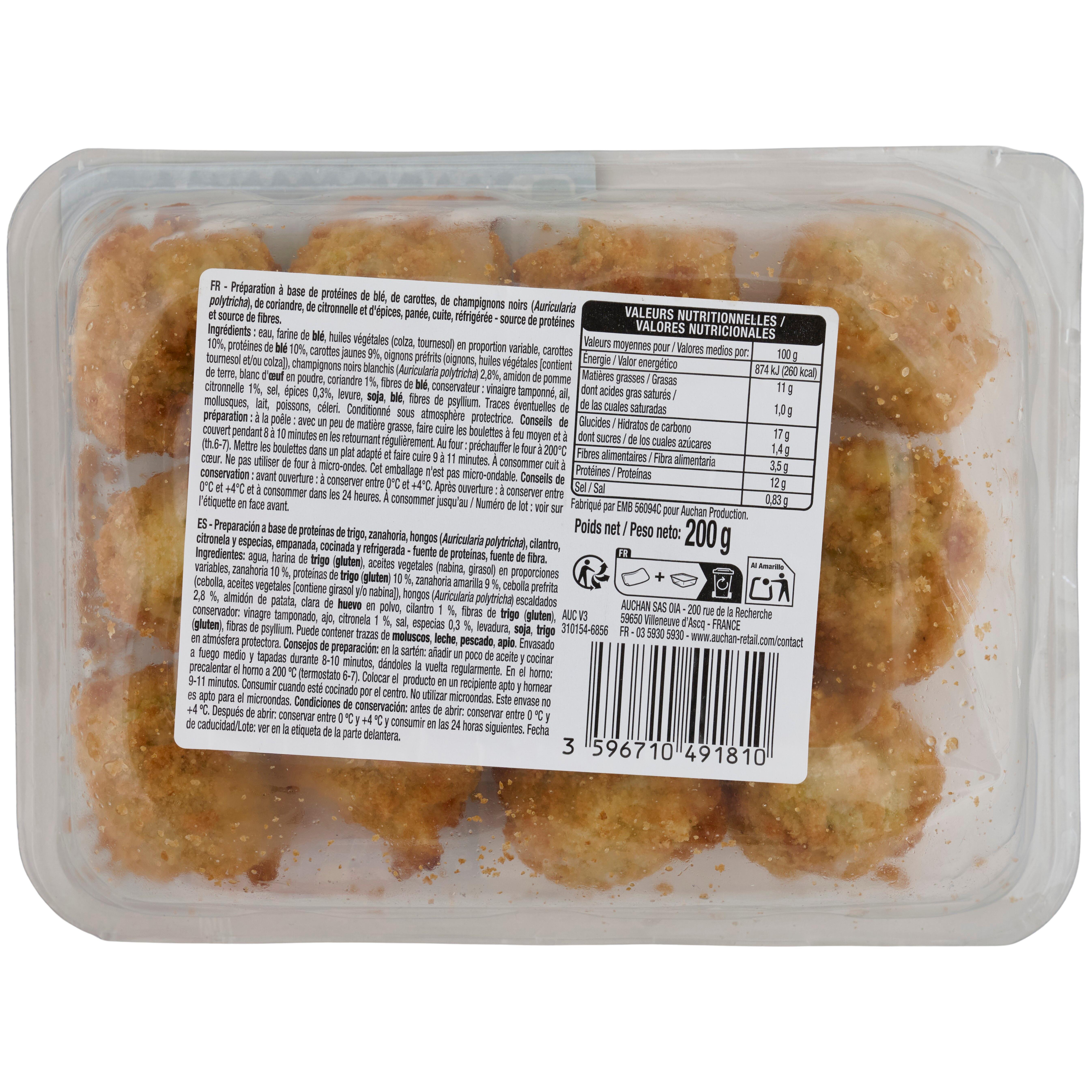 Voir la diapositive 3 : AUCHAN VERY VEGGIE Boulettes végétariennes panées façon thaï 2 parts 200g