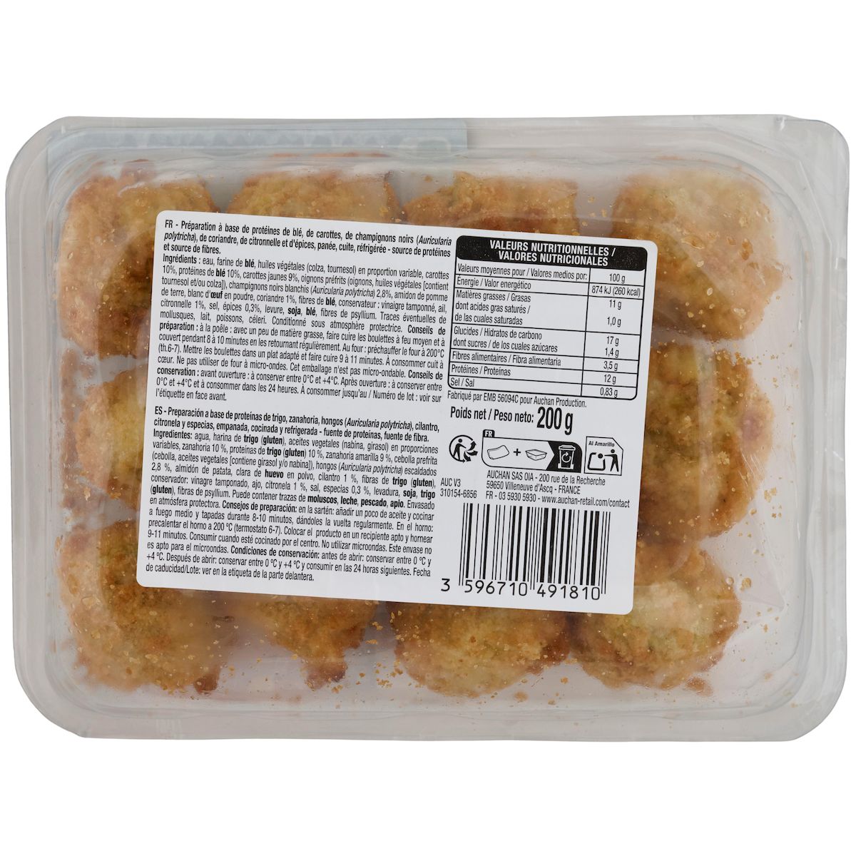 AUCHAN VERY VEGGIE Boulettes végétariennes panées façon thaï 2 parts 200g