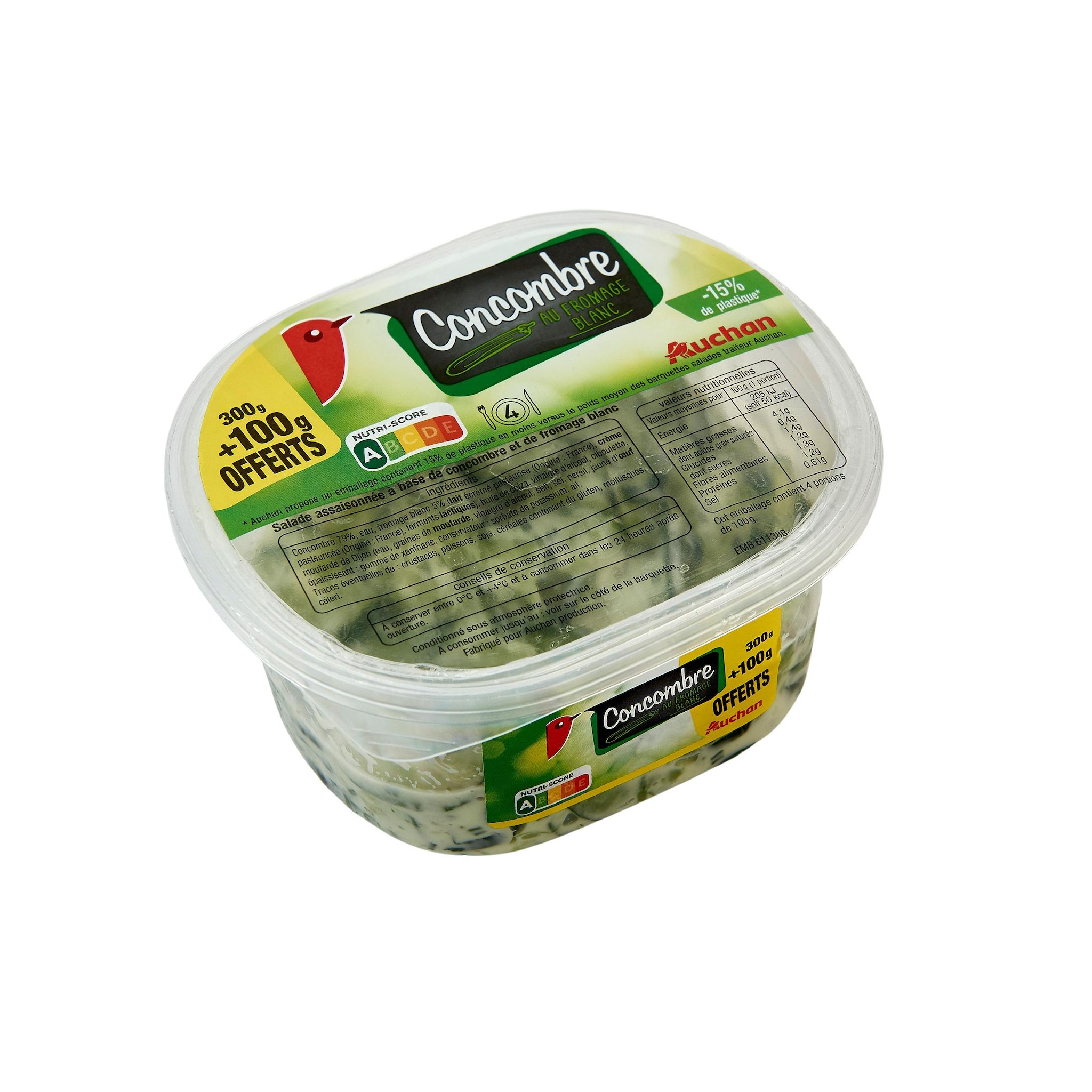 Voir la diapositive 2 : AUCHAN Salade de concombre au fromage blanc 300g +100g offert