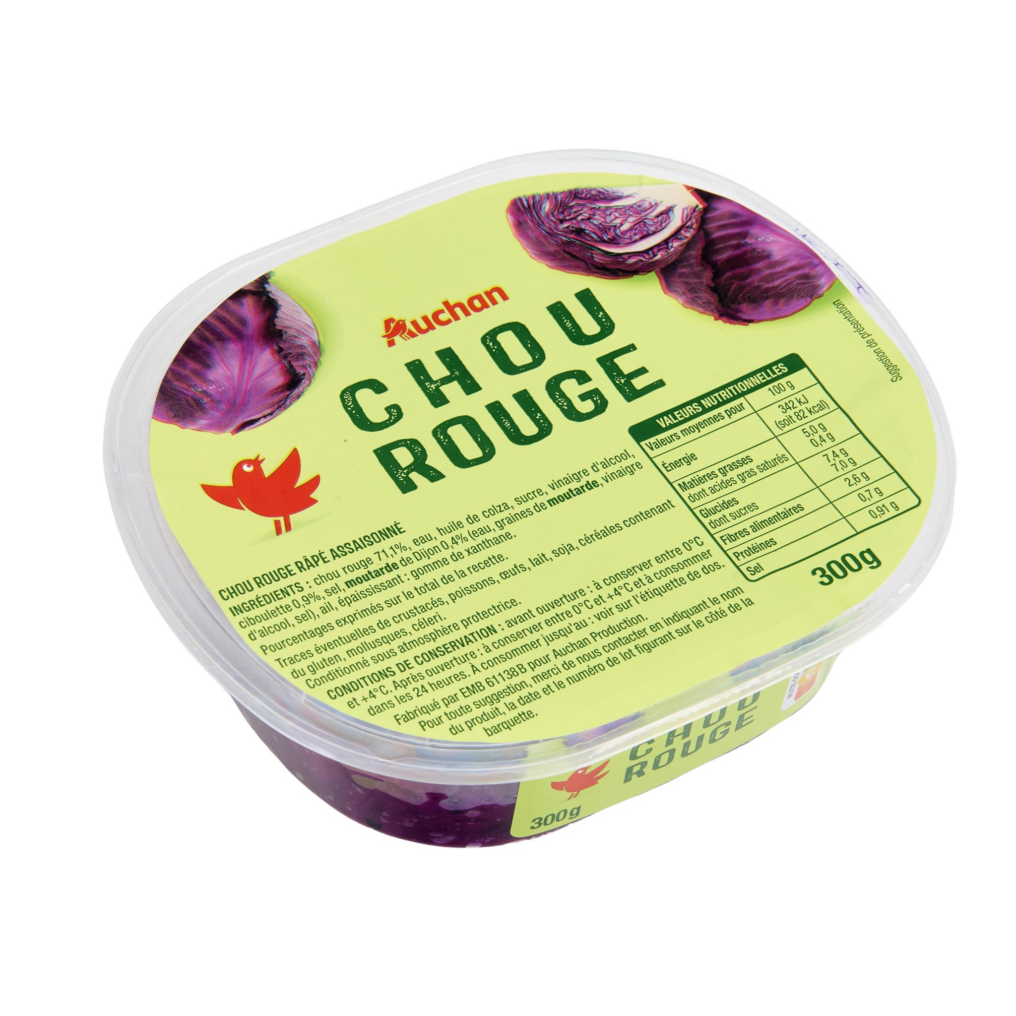 Voir la diapositive 2 : AUCHAN Salade de choux rouge 3 parts 300g