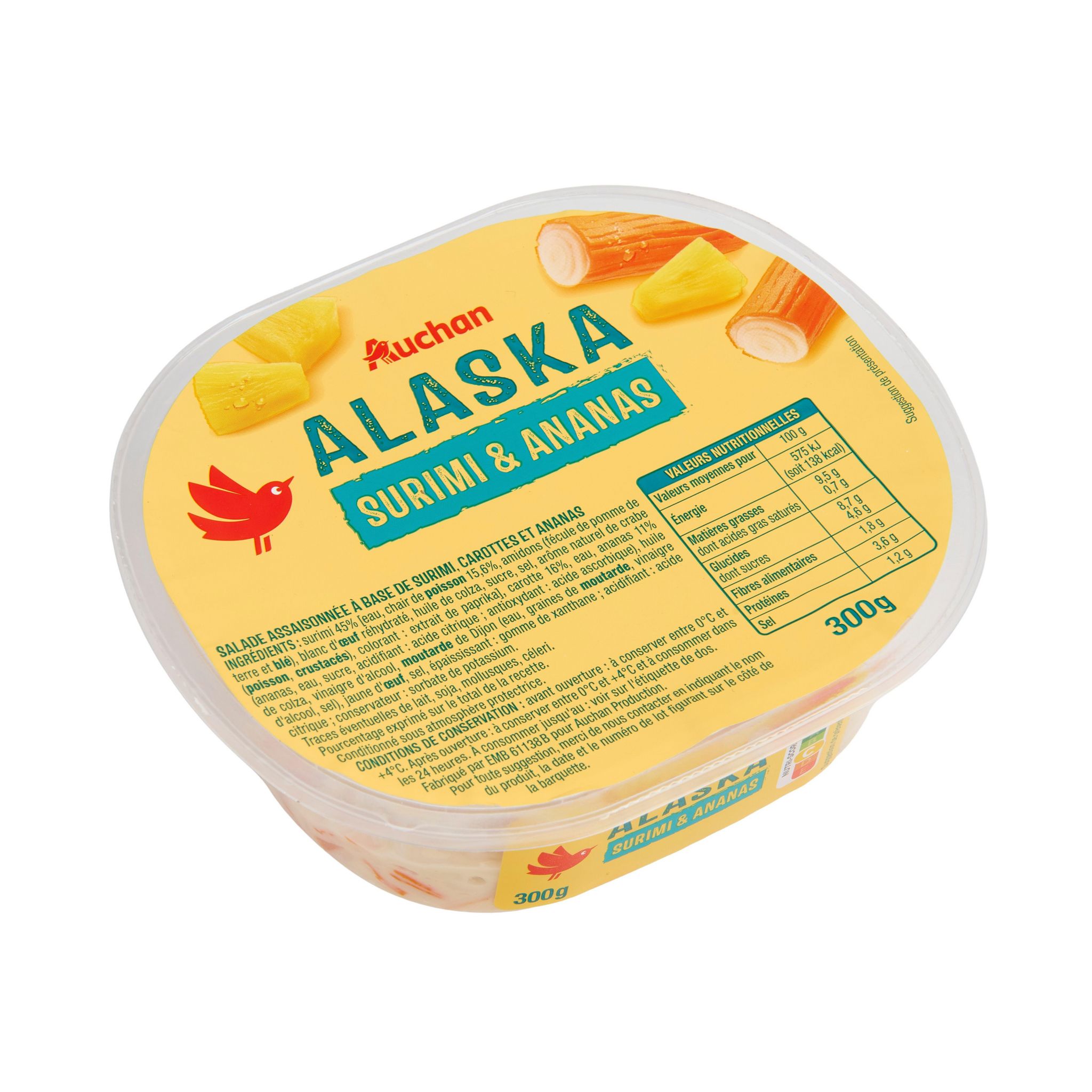 Voir la diapositive 2 : AUCHAN Salade Alaska au surimi carottes et ananas 300g