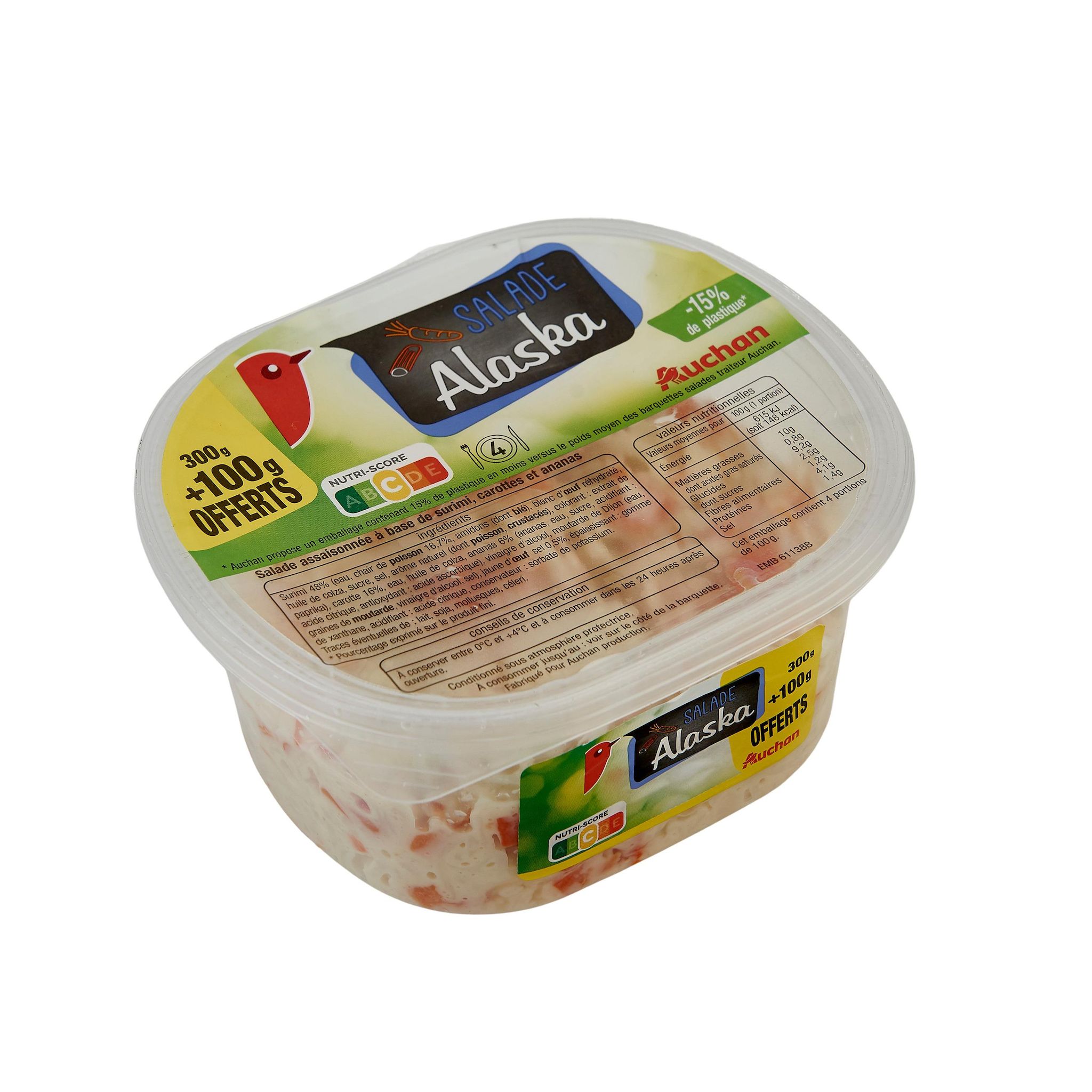 Voir la diapositive 2 : AUCHAN Salade à base de surimi carottes et ananas 300g +100g offert