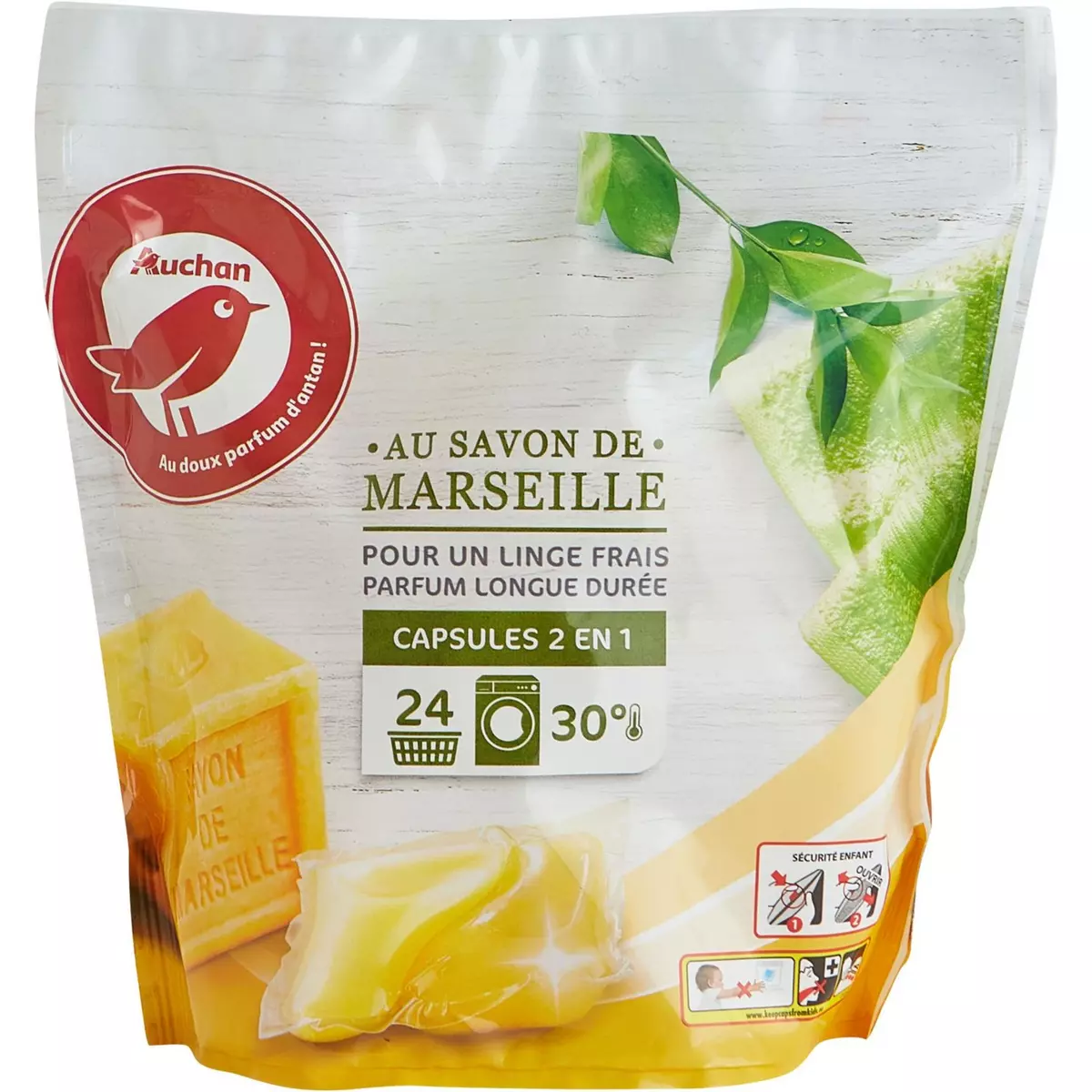 AUCHAN Capsules de lessive 2 en 1 au savon de Marseille 24 capsules