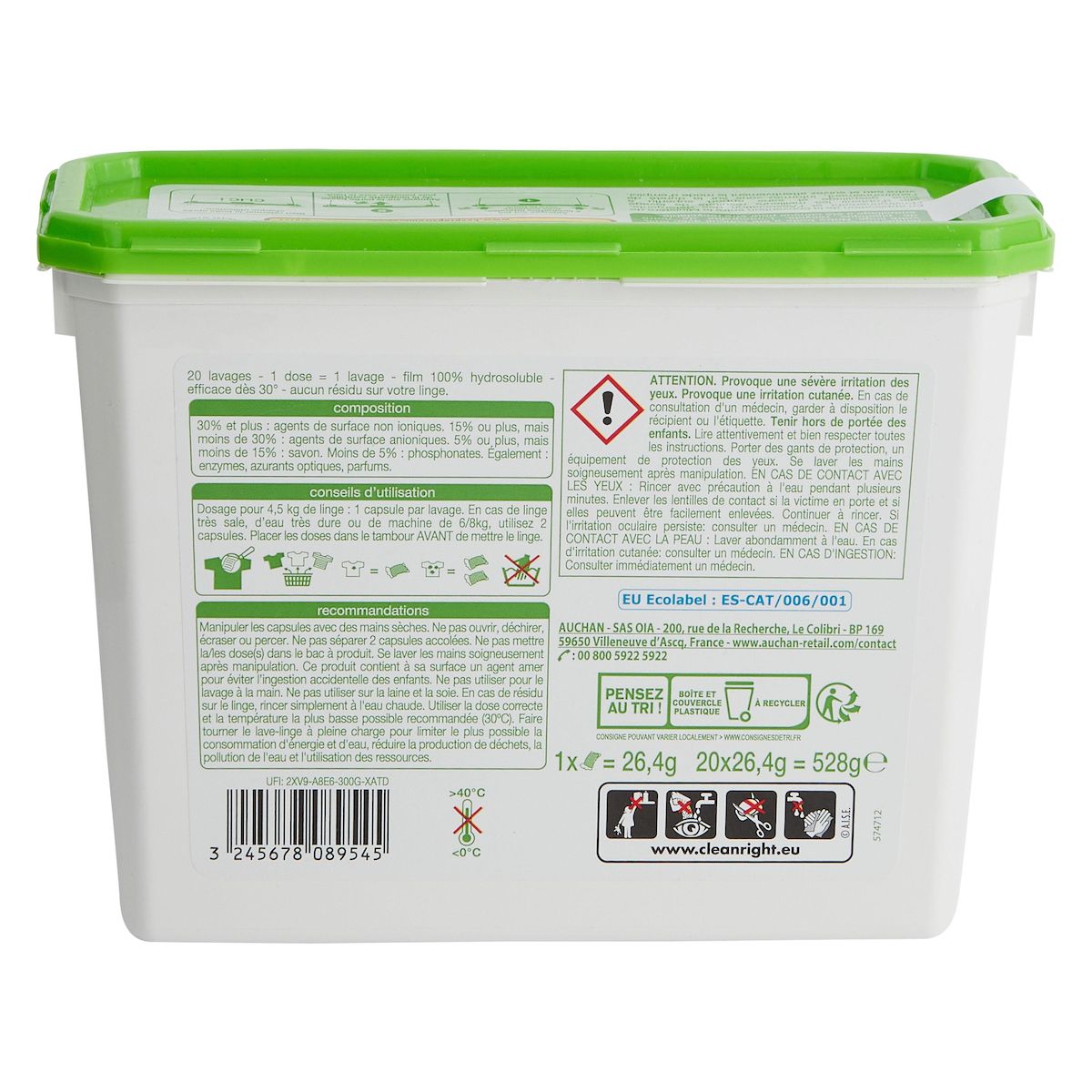 AUCHAN MIEUX VIVRE Lessive capsules Ecolabel Aloe vera 20 capsules