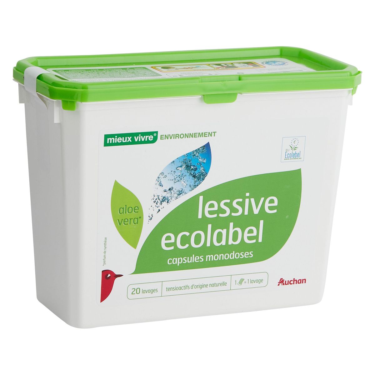 AUCHAN MIEUX VIVRE Lessive capsules Ecolabel Aloe vera 20 capsules