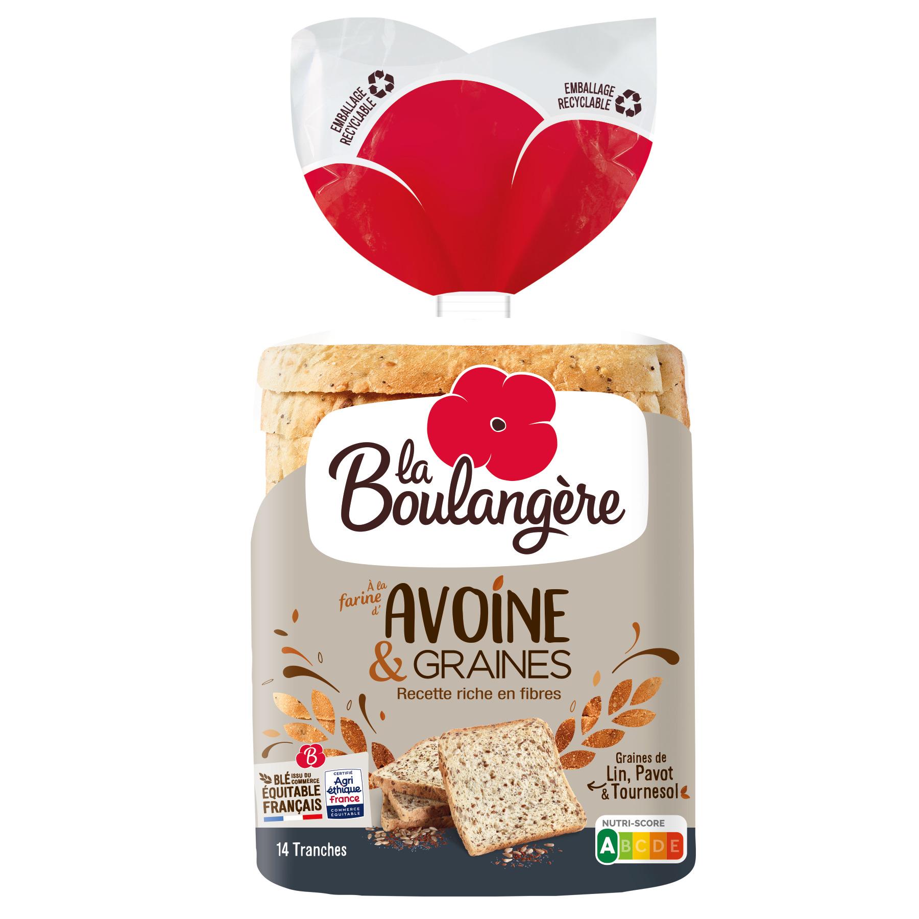 Voir la diapositive 2 : LA BOULANGERE Pain de mie à la farine d'avoine et graines 14 tranches 500g