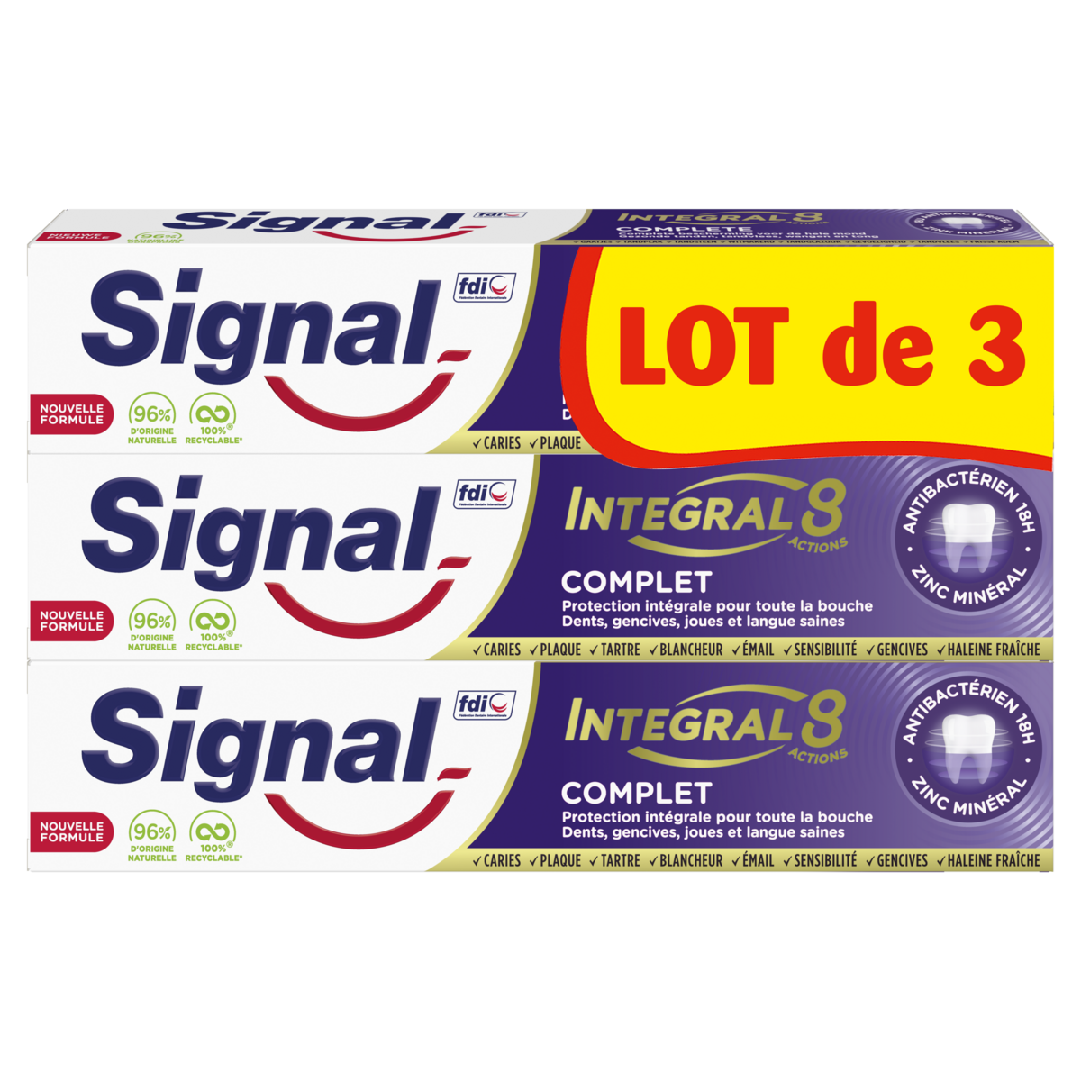 SIGNAL Dentifrice intégral 8 complet anti bactérien 18h 3x75ml