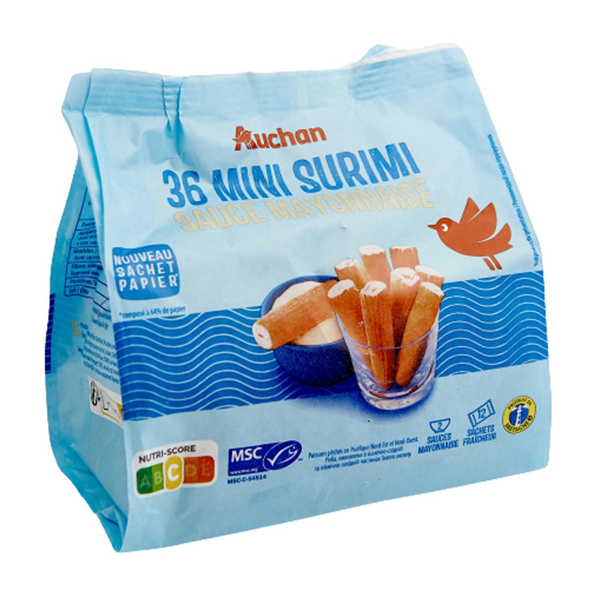 Voir la diapositive 2 : AUCHAN Mini bâtonnet de surimi sauce mayonnaise MSC 36 pièces 420g