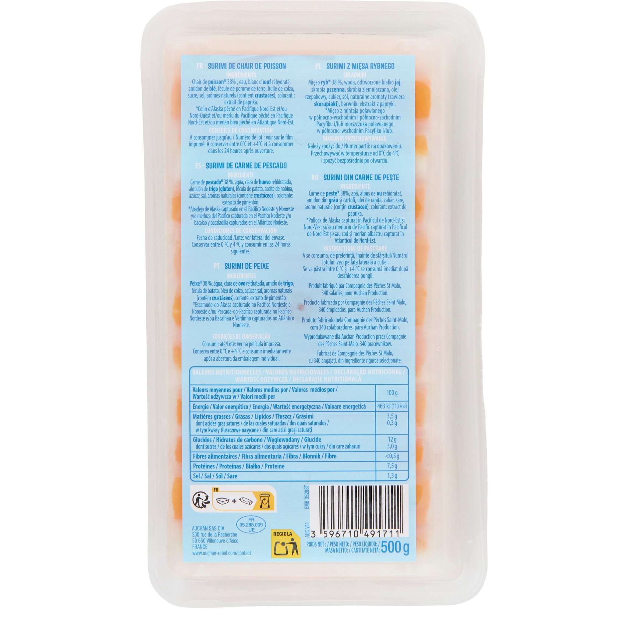 Voir la diapositive 4 : AUCHAN Bâtonnets de surimi 30 pièces 500g