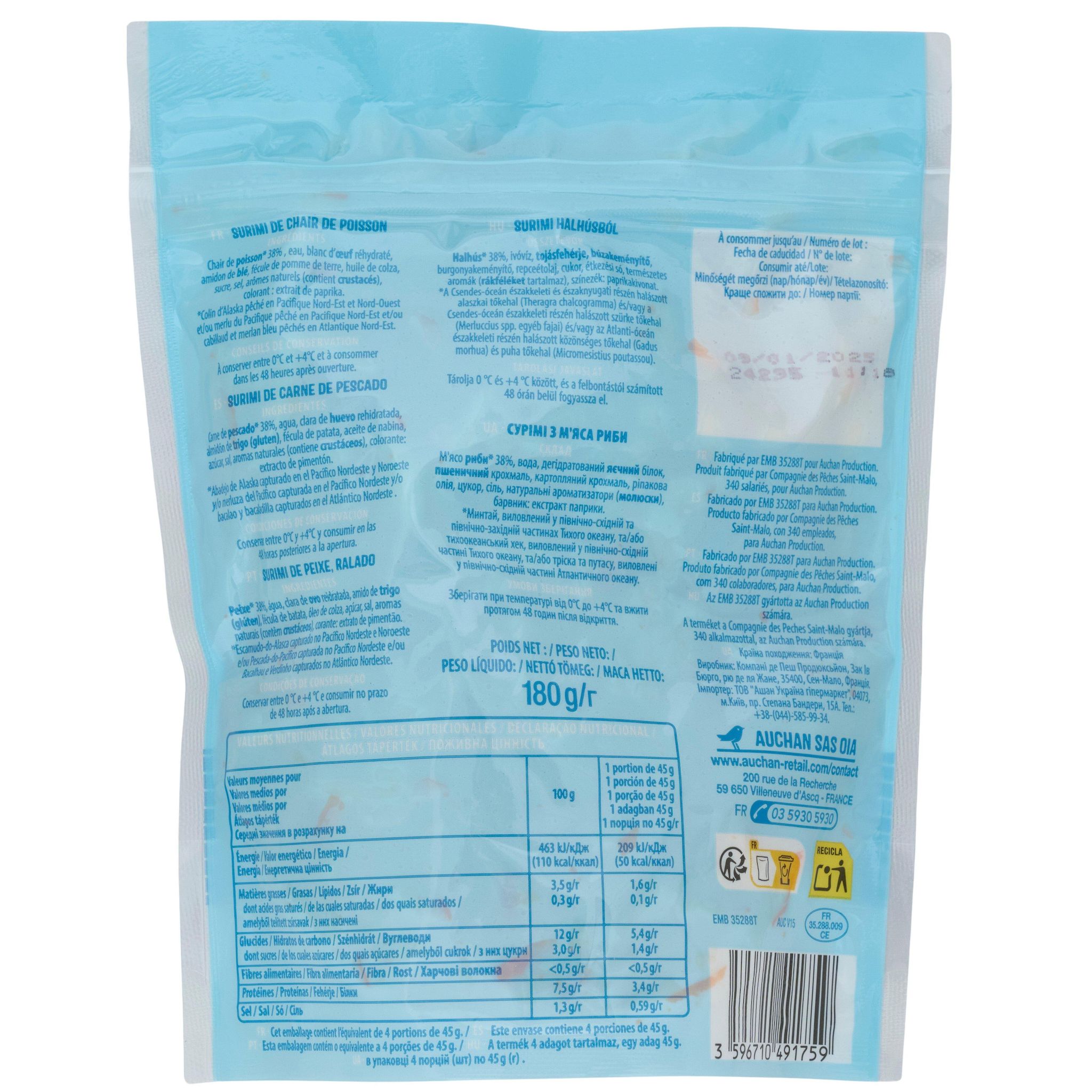 Voir la diapositive 4 : AUCHAN Rapé de surimi 180g