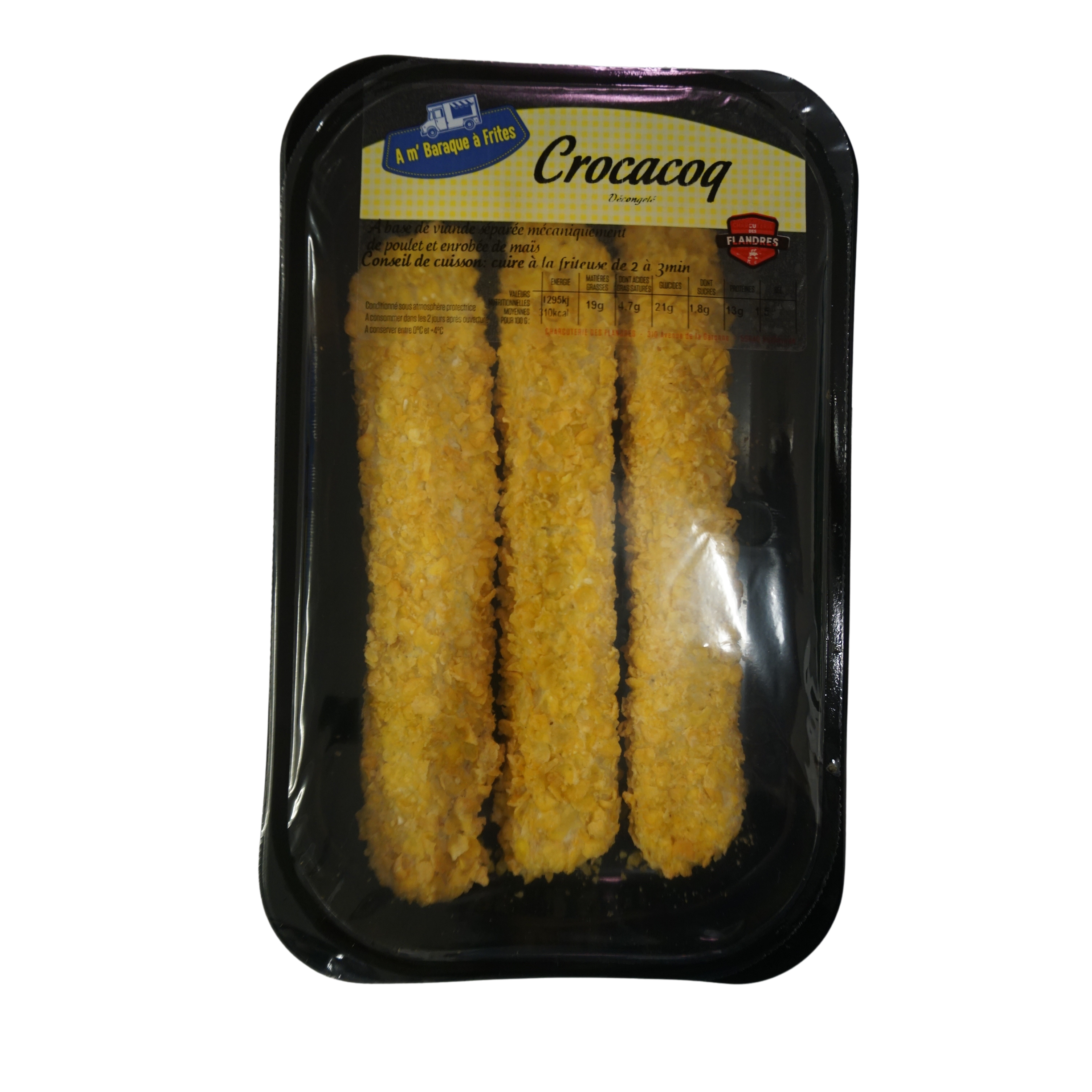 Voir la diapositive 3 : CHARCUTERIE DES FLANDRES Crocacoq poulet enrobé de maïs 3 pièces 228g