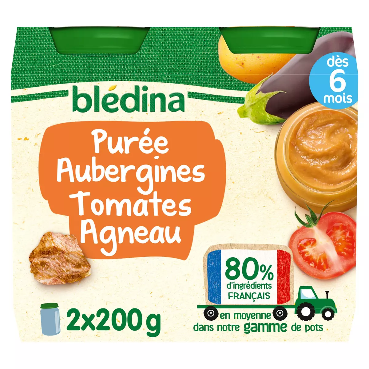 BLEDINA Petit pot purée d'aubergines tomates et agneau dès 6 mois 2x200g