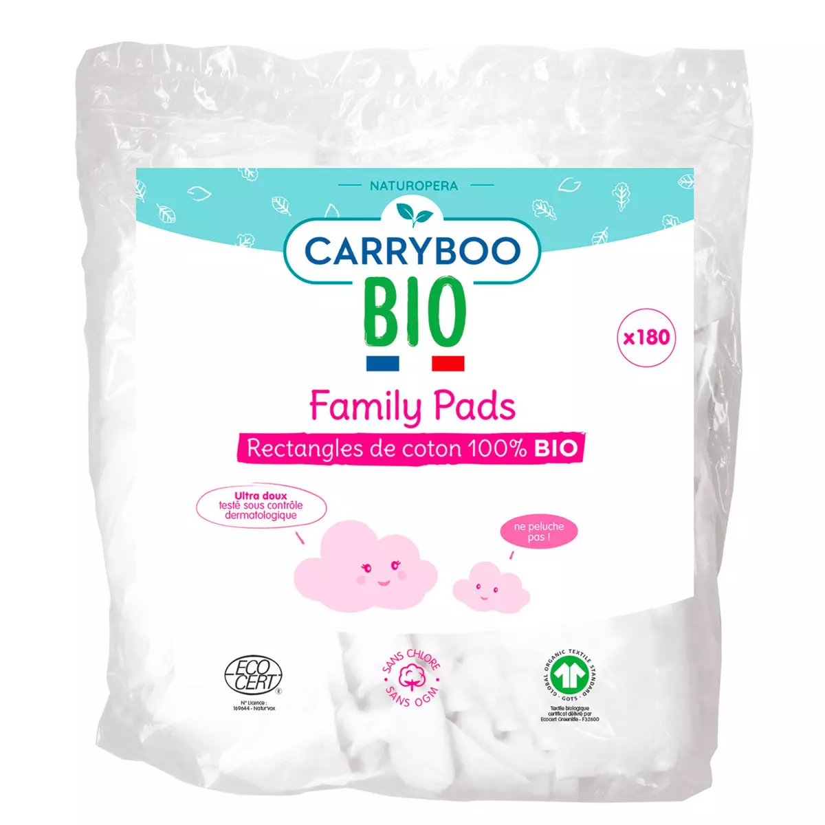 CARRYBOO BIO Family pads rectangles de coton 100% bio ultra doux 180 cotons
