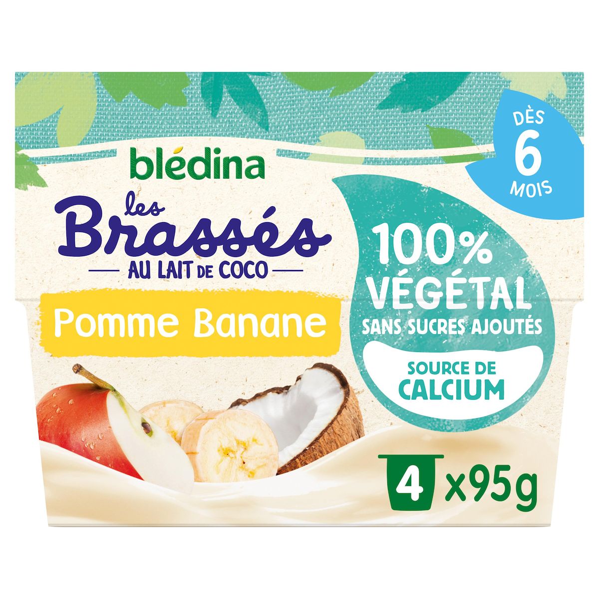 BLEDINA Les brassés 100% végétal au lait de coco pomme banane dès 6 mois 4x95g