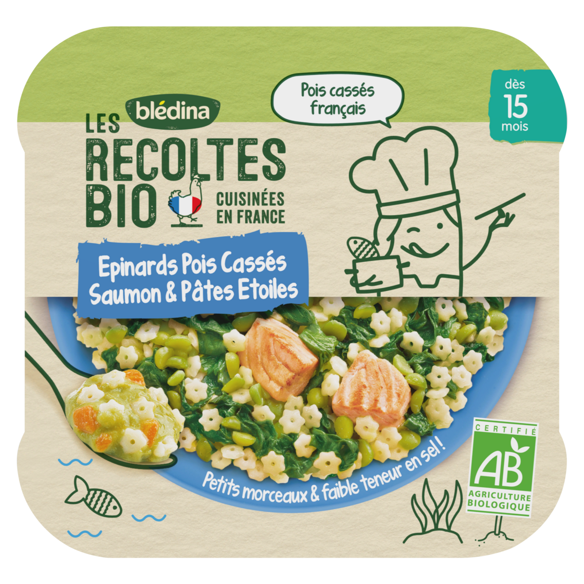 BLEDINA Assiette épinards pois cassés pates étoiles bio au saumon dès 15 mois 250g