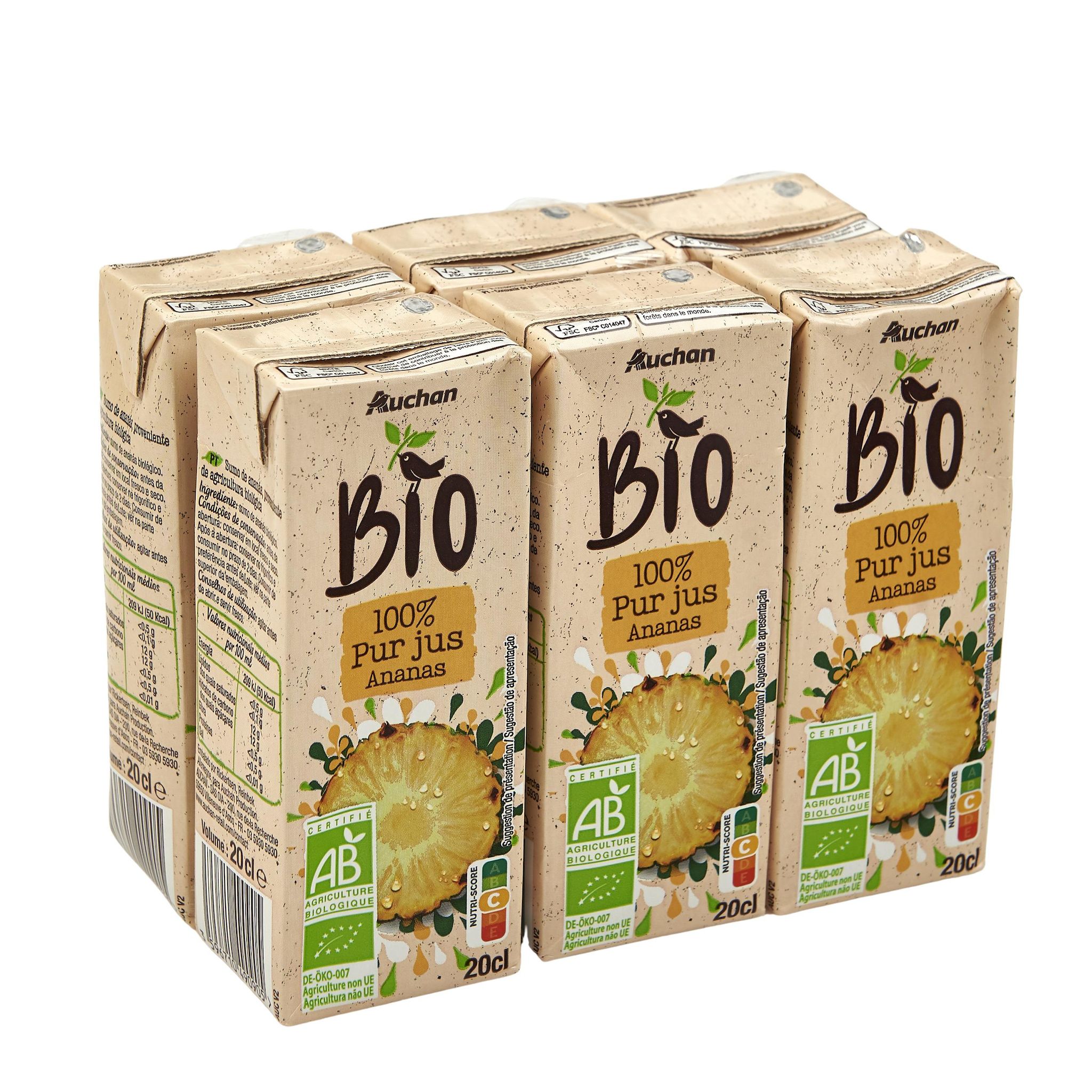 Voir la diapositive 2 : AUCHAN BIO Pur jus d'ananas en briquette 6x20cl