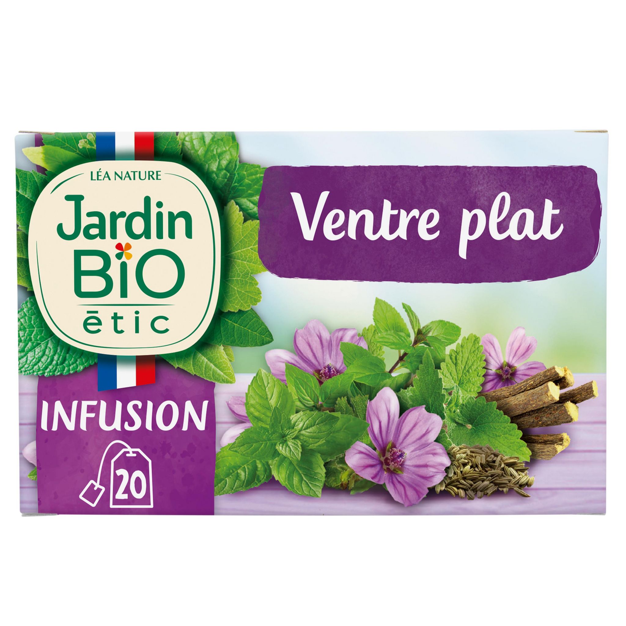 Voir la diapositive 2 : JARDIN BIO ETIC Infusion bio ventre plat à la menthe anis vert mauve et réglisse 20 sachets 30g