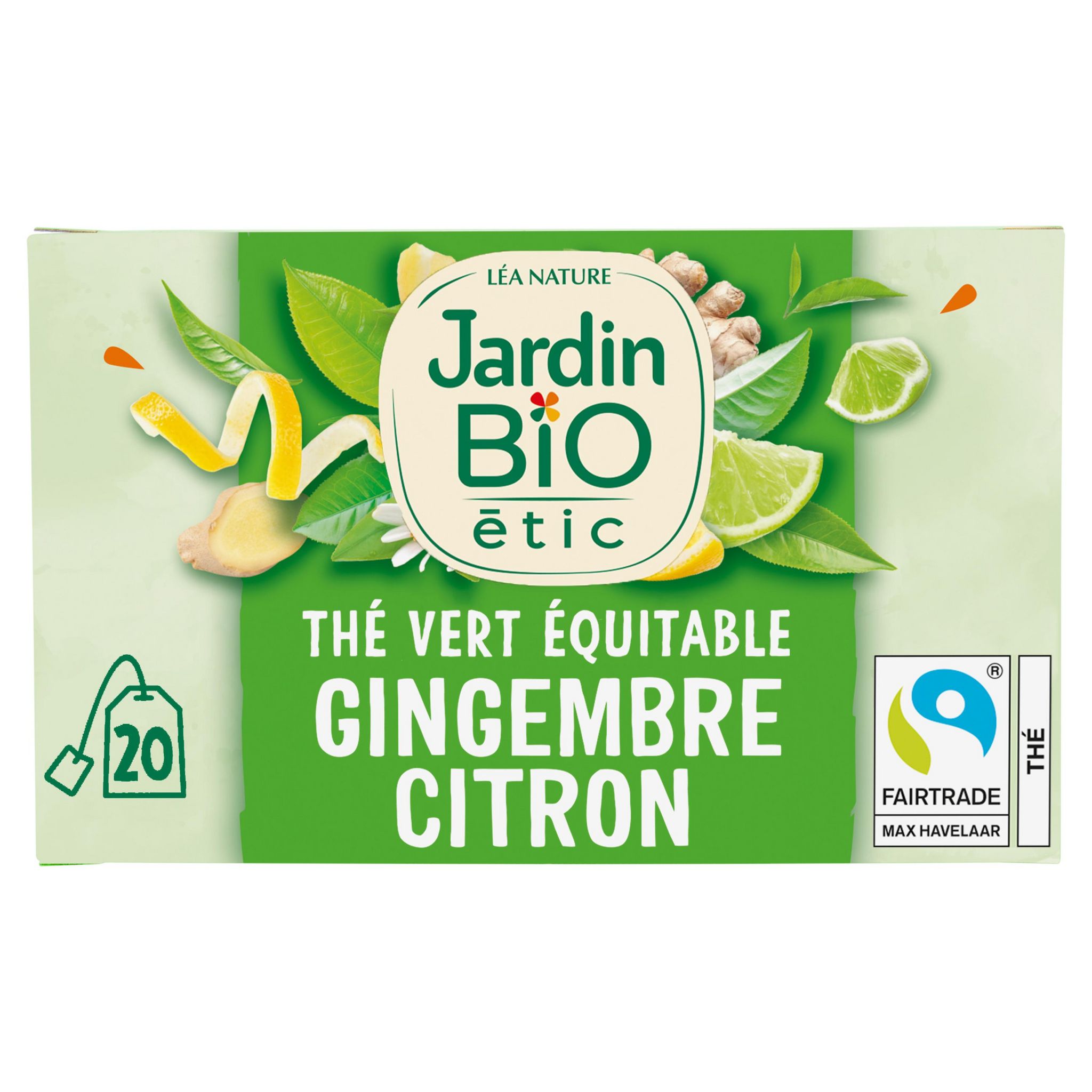 Voir la diapositive 2 : JARDIN BIO ETIC Thé vert équitable au gingembre et citron vert 20 sachets 30g