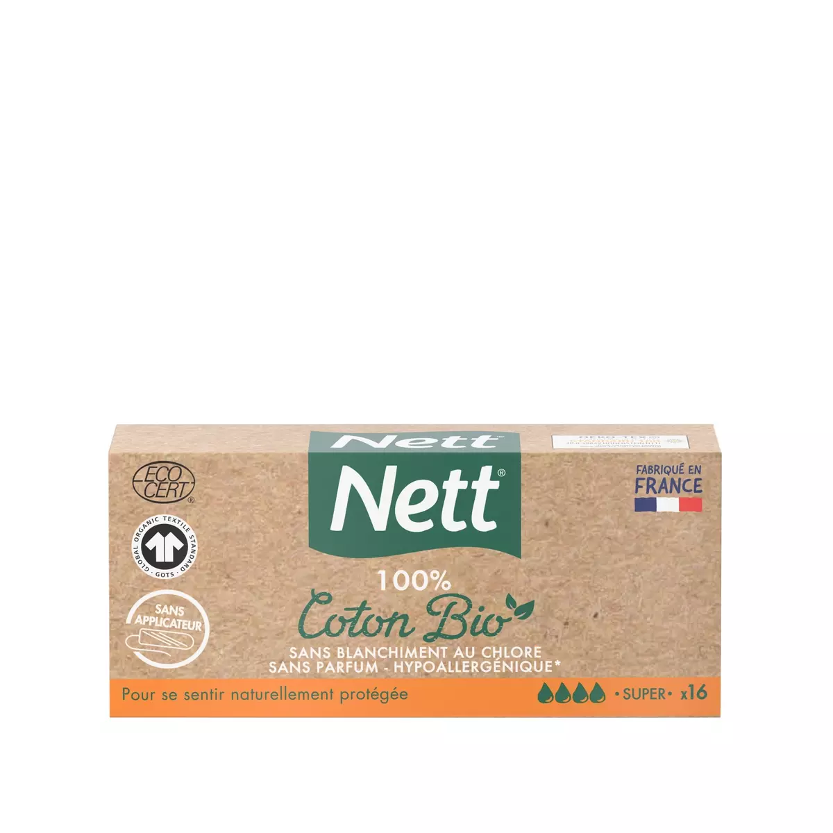 NETT Tampons coton bio sans applicateur super 16 tampons