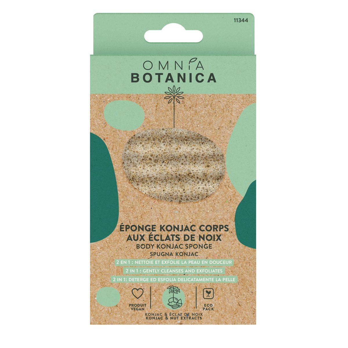 OMNIA BOTANICA Eponge konjac corps aux éclats de noix 2en1 nettoie & exfolie 1 pièce