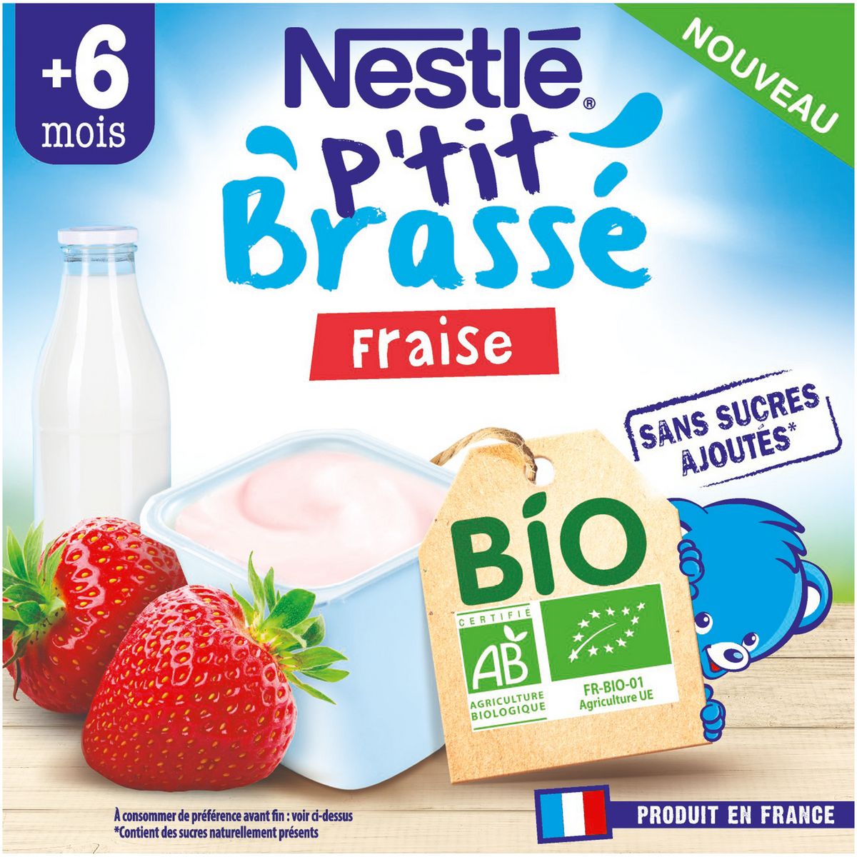NESTLE P'tit brassé petit pot dessert lacté fraise bio dès 6 mois 4x90g