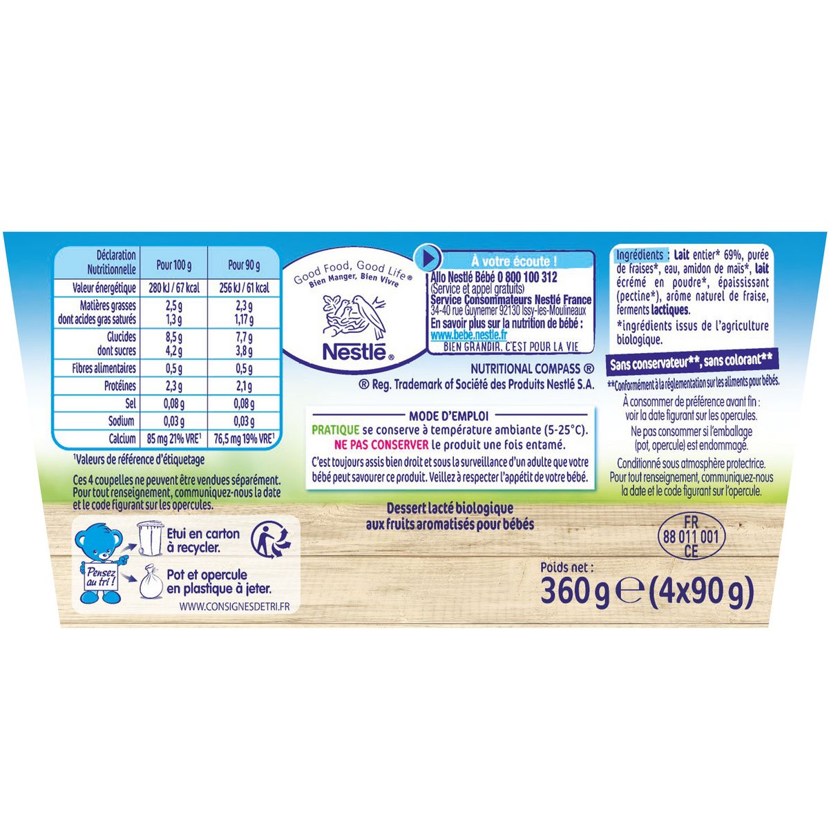 NESTLE P'tit brassé petit pot dessert lacté fraise bio dès 6 mois 4x90g