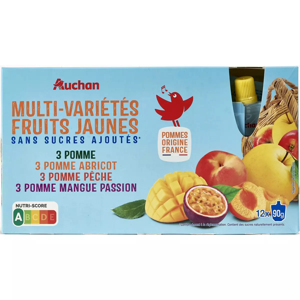 AUCHAN Gourdes pomme abricot pêche mangue passion sans sucres ajoutés 12x90g