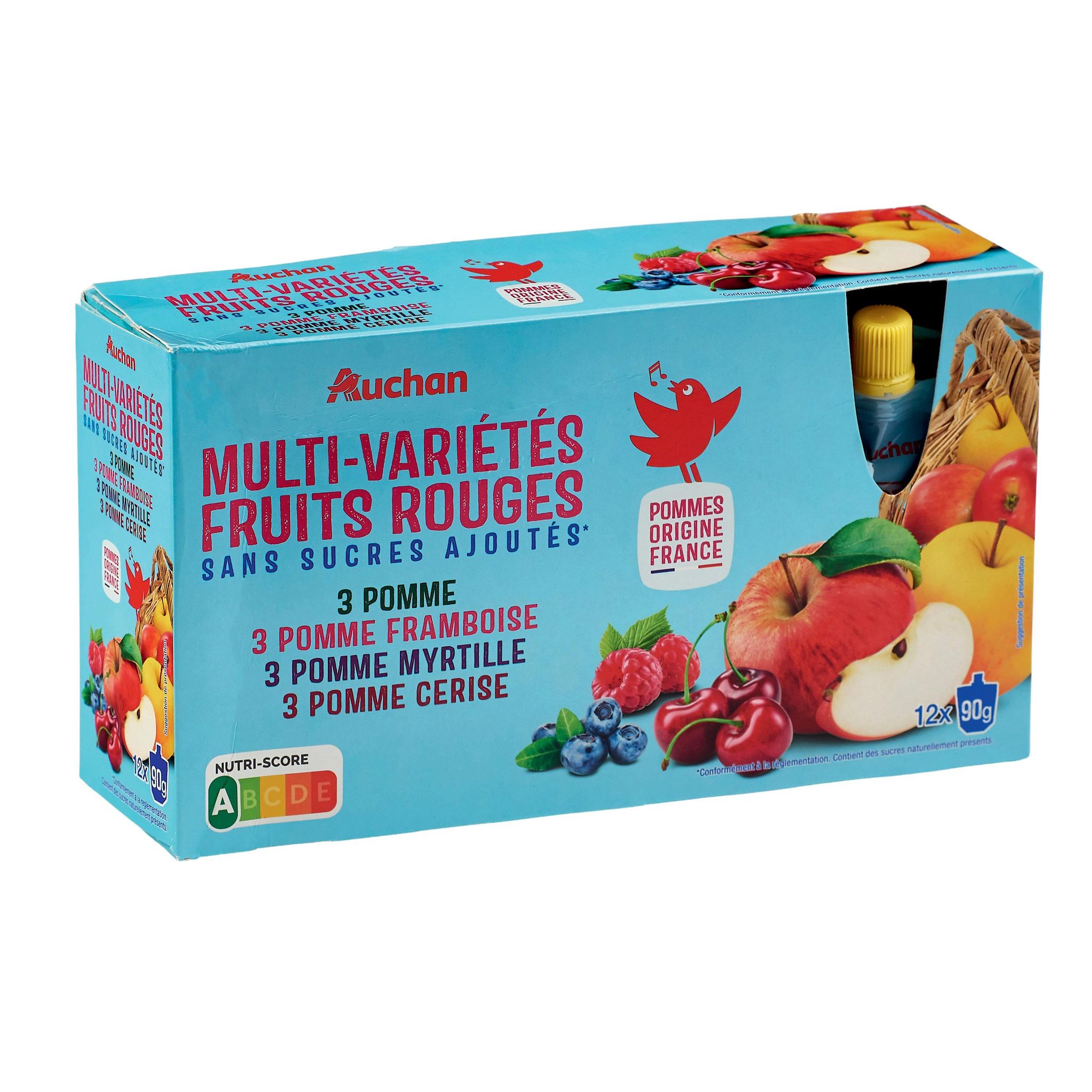 Voir la diapositive 3 : AUCHAN Gourdes purée multi-variétés fruits rouges sans sucres ajoutés 12x90g