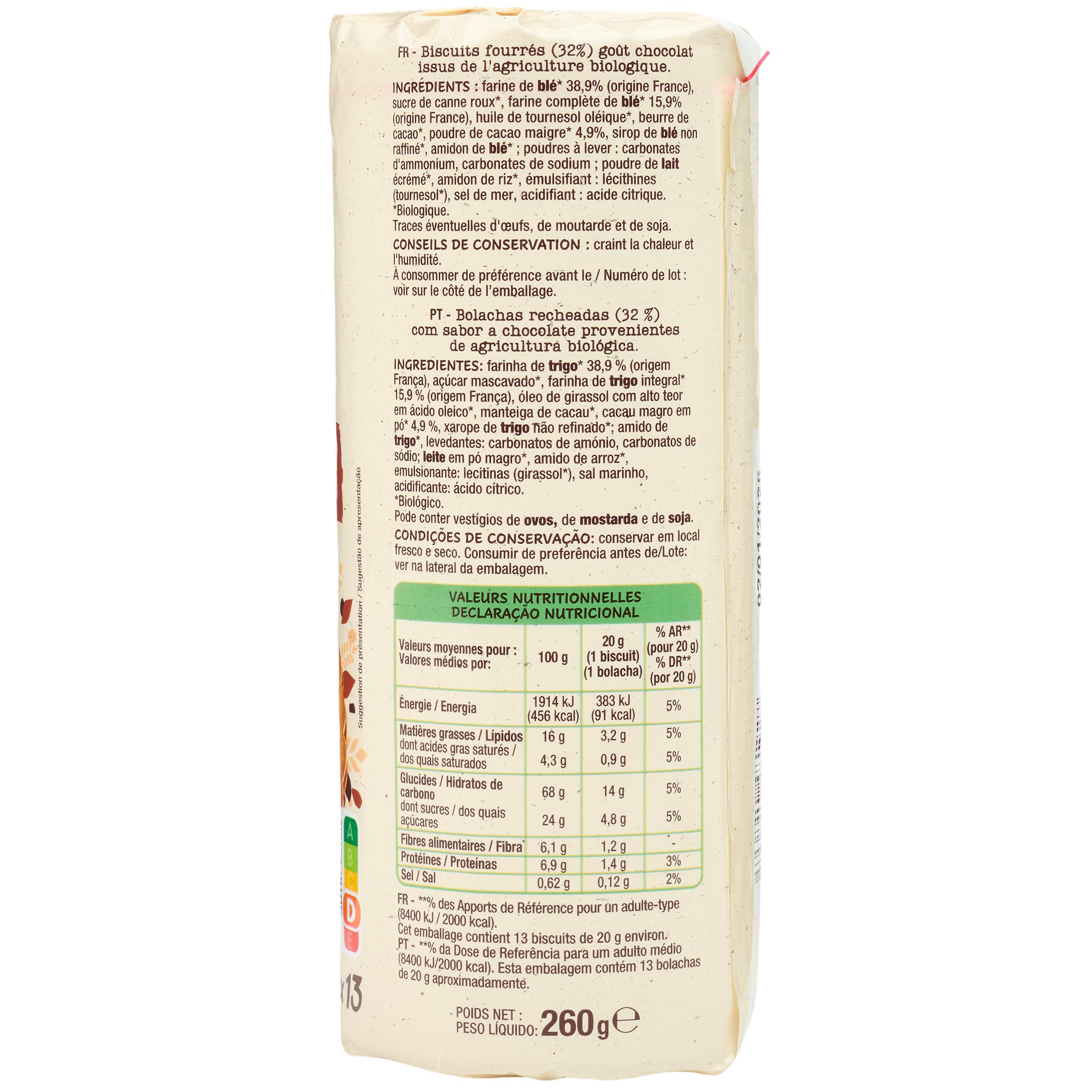 Voir la diapositive 3 : AUCHAN BIO Mon goûter biscuits fourrés chocolat au blé complet 13 biscuits 260g